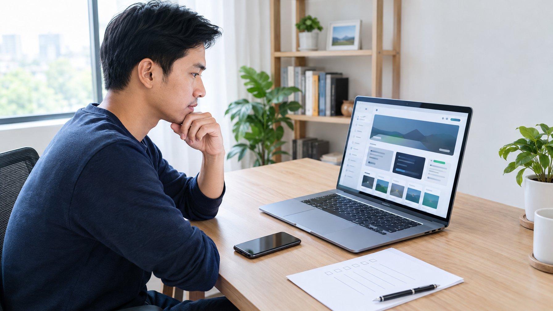 Seseorang memeriksa laptop dan daftar cek sebelum mendaftar di sebuah situs.