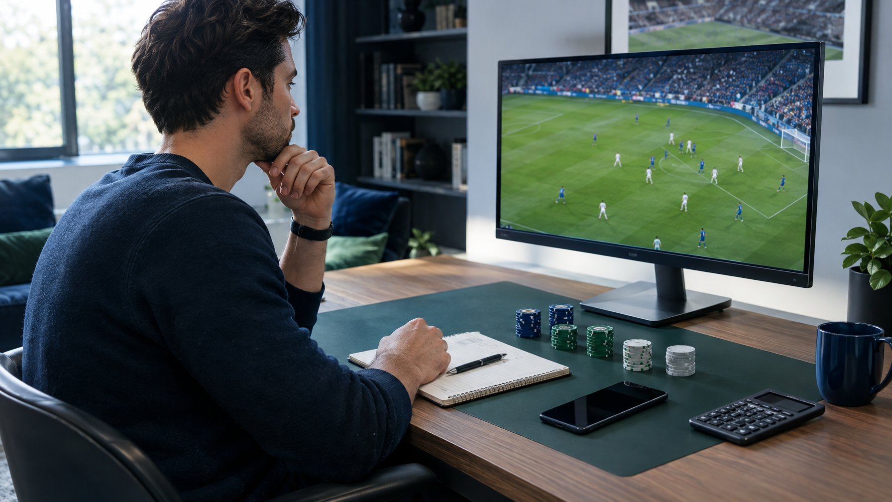 Seseorang meninjau pertandingan sepak bola sambil mencatat anggaran dan mengatur token di meja.