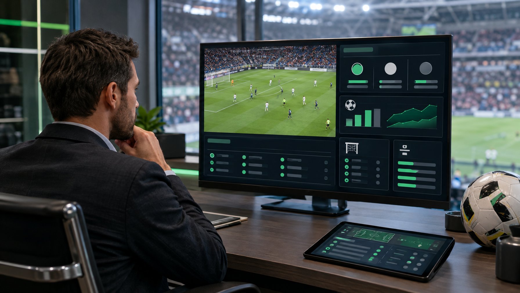 Seorang analis sepak bola melihat pertandingan di layar sambil bekerja di meja.