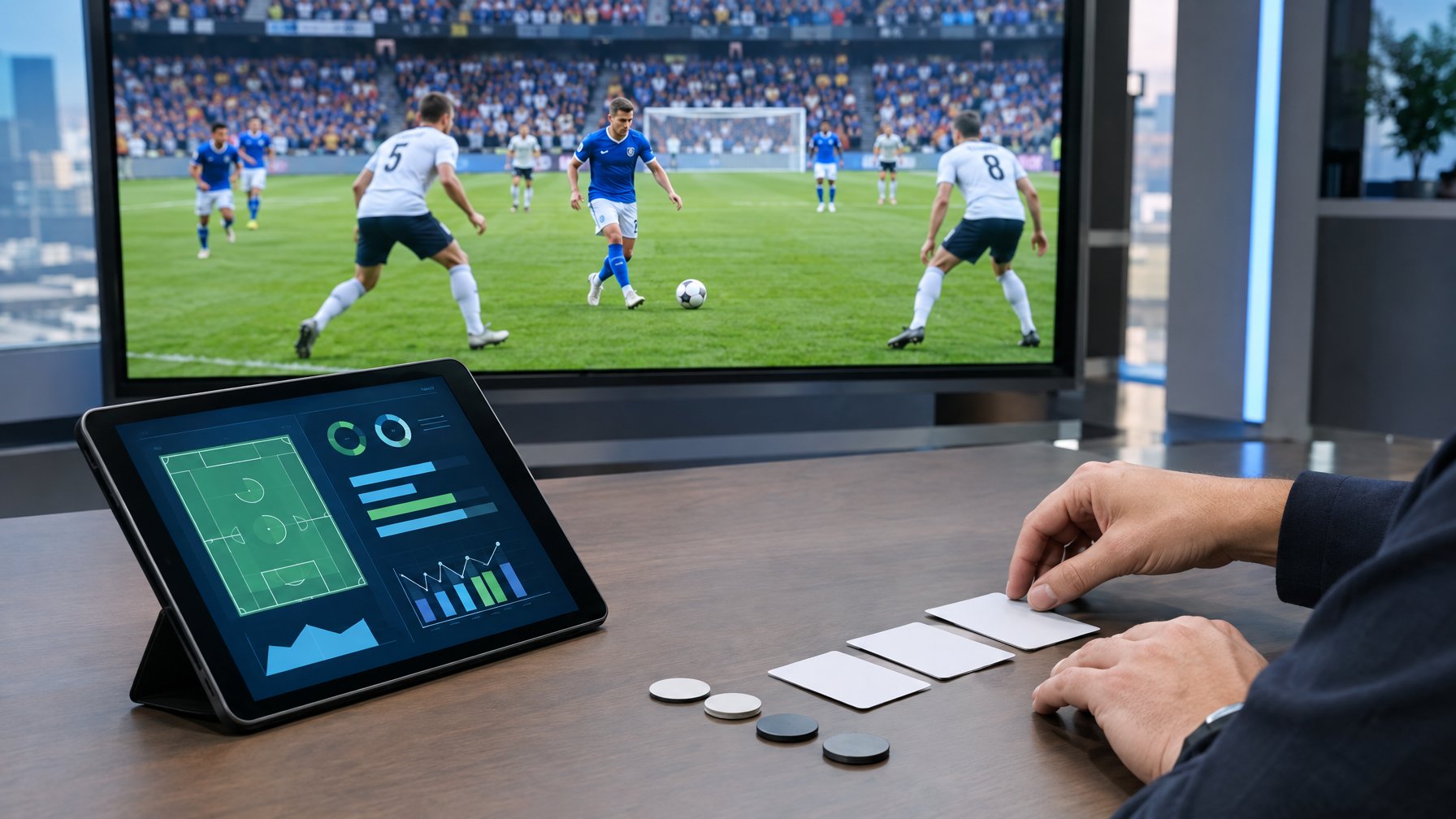 Seseorang membandingkan simbol analisis pertandingan di depan layar yang menampilkan laga sepak bola.