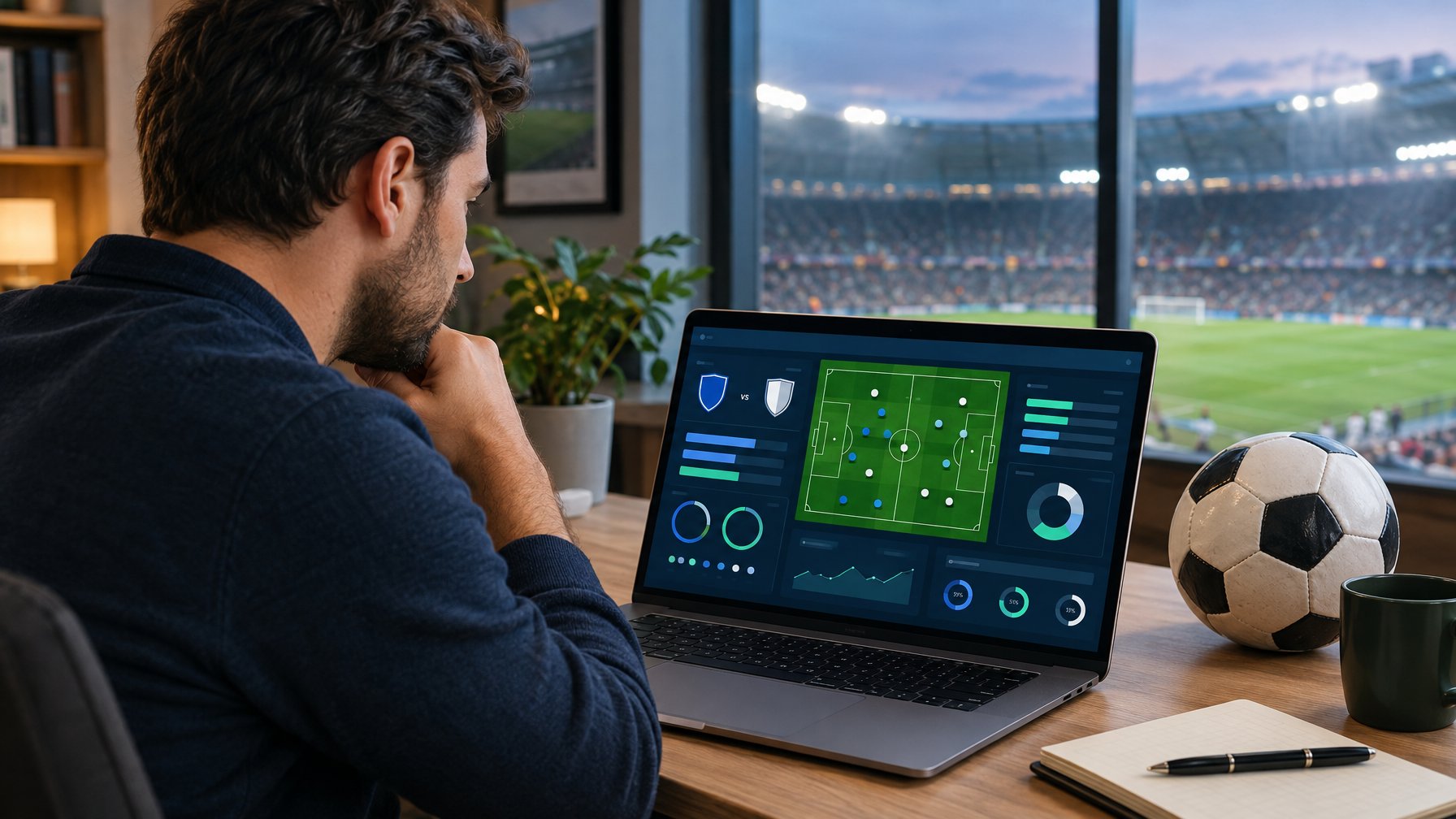 Seseorang mempelajari tampilan pertandingan sepak bola di laptop dengan bola dan stadion di latar belakang.