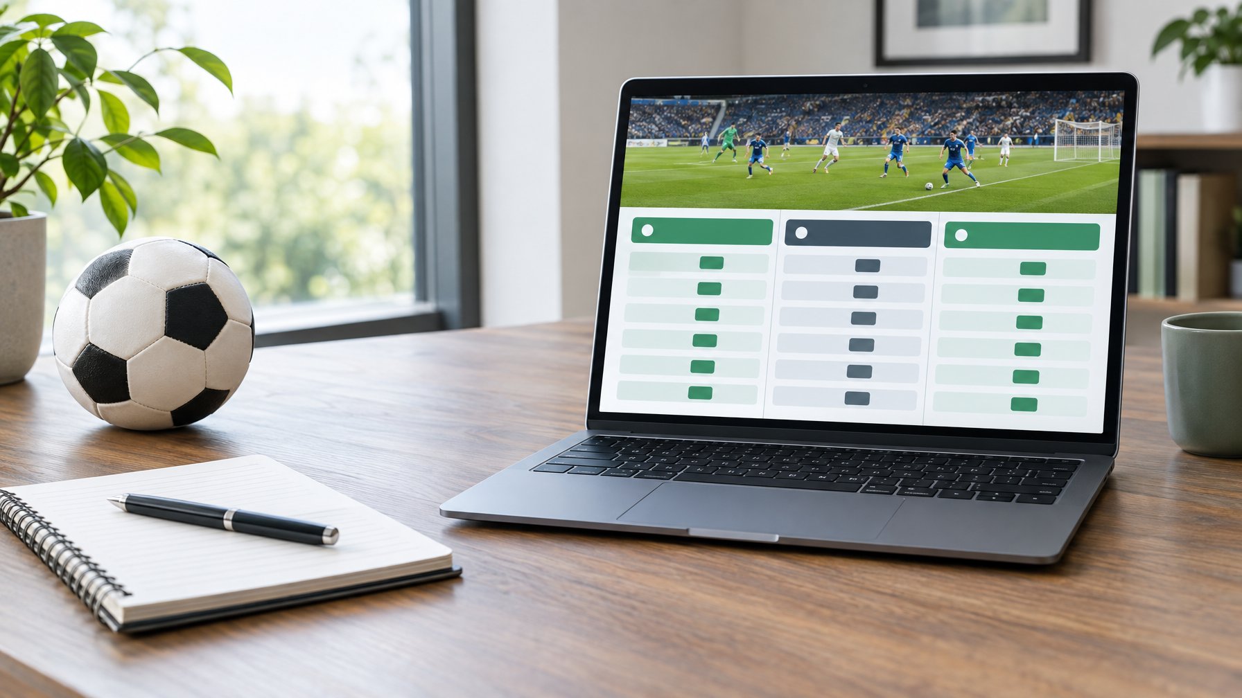 Laptop menampilkan antarmuka perbandingan odds pertandingan sepak bola di atas meja.