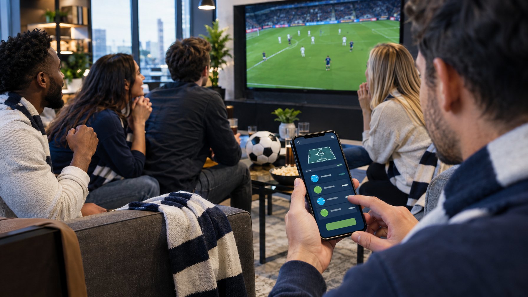 Sejumlah penggemar sepak bola menonton pertandingan internasional, sementara seseorang menggunakan ponsel.