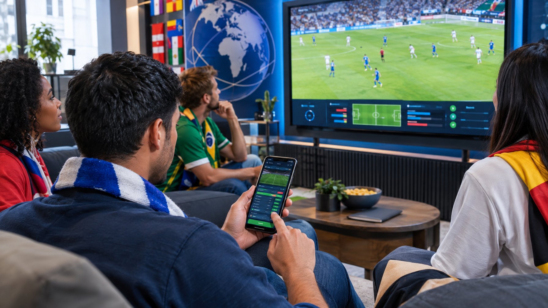 Penggemar sepak bola menyaksikan pertandingan internasional sambil melihat informasi taruhan di ponsel.