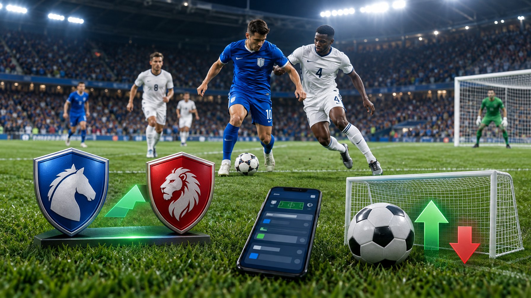 Dua tim sepak bola bertanding di stadion, dengan ponsel dan simbol visual yang menggambarkan handicap serta over/under.