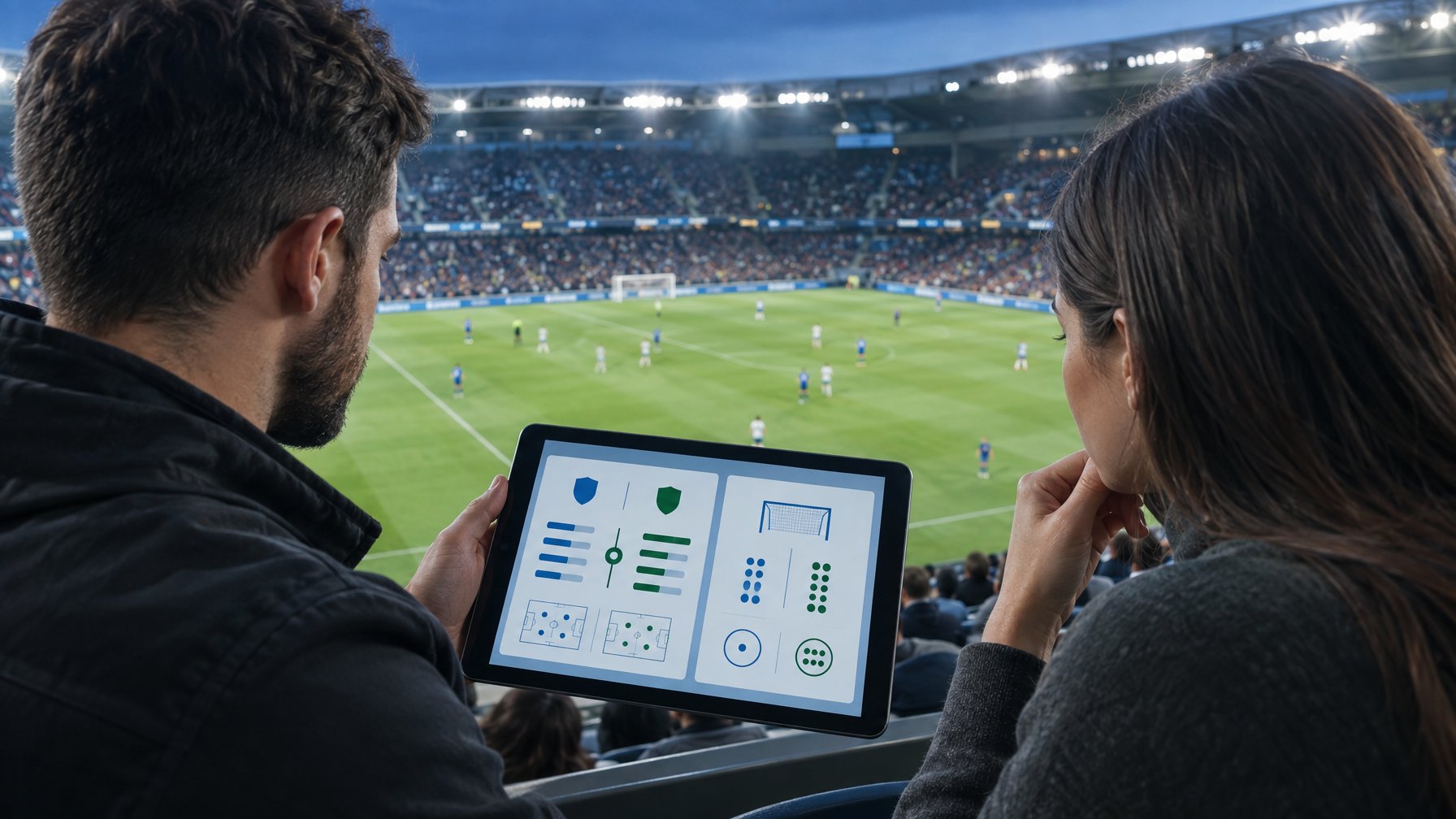 Dua penonton sepak bola melihat tablet dengan diagram perbandingan taruhan di stadion.
