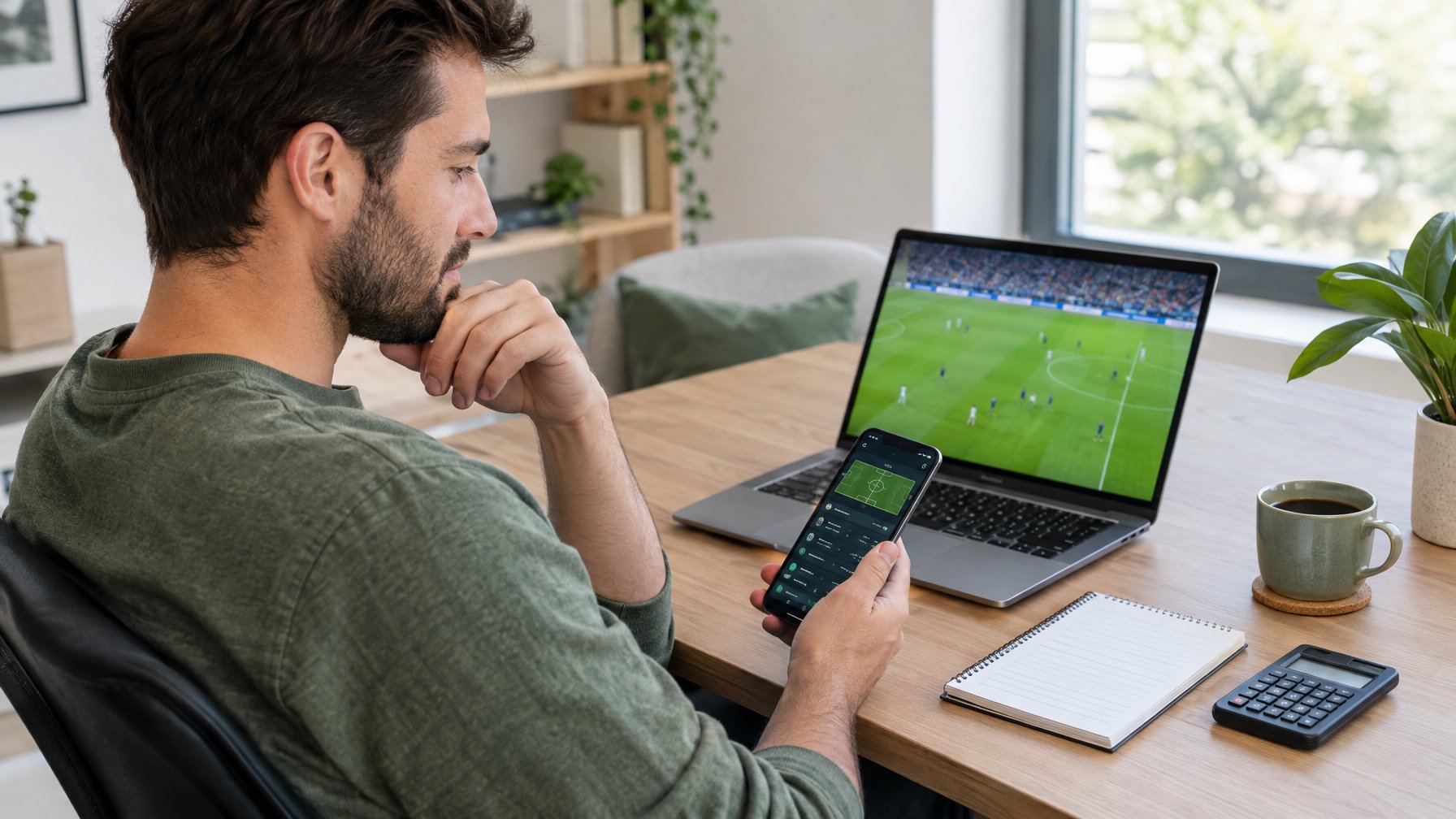 Seorang pria meninjau pertandingan sepak bola di laptop sambil menggunakan ponsel di meja kerjanya.