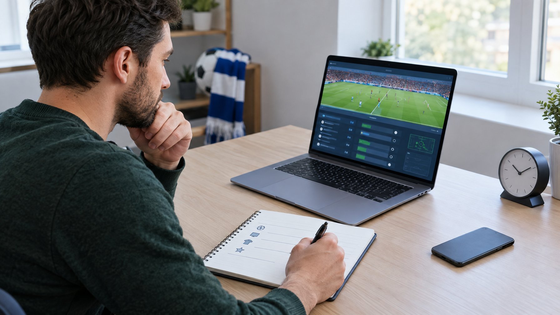 Seorang penggemar sepak bola memeriksa anggaran taruhan di meja sambil melihat laptop.