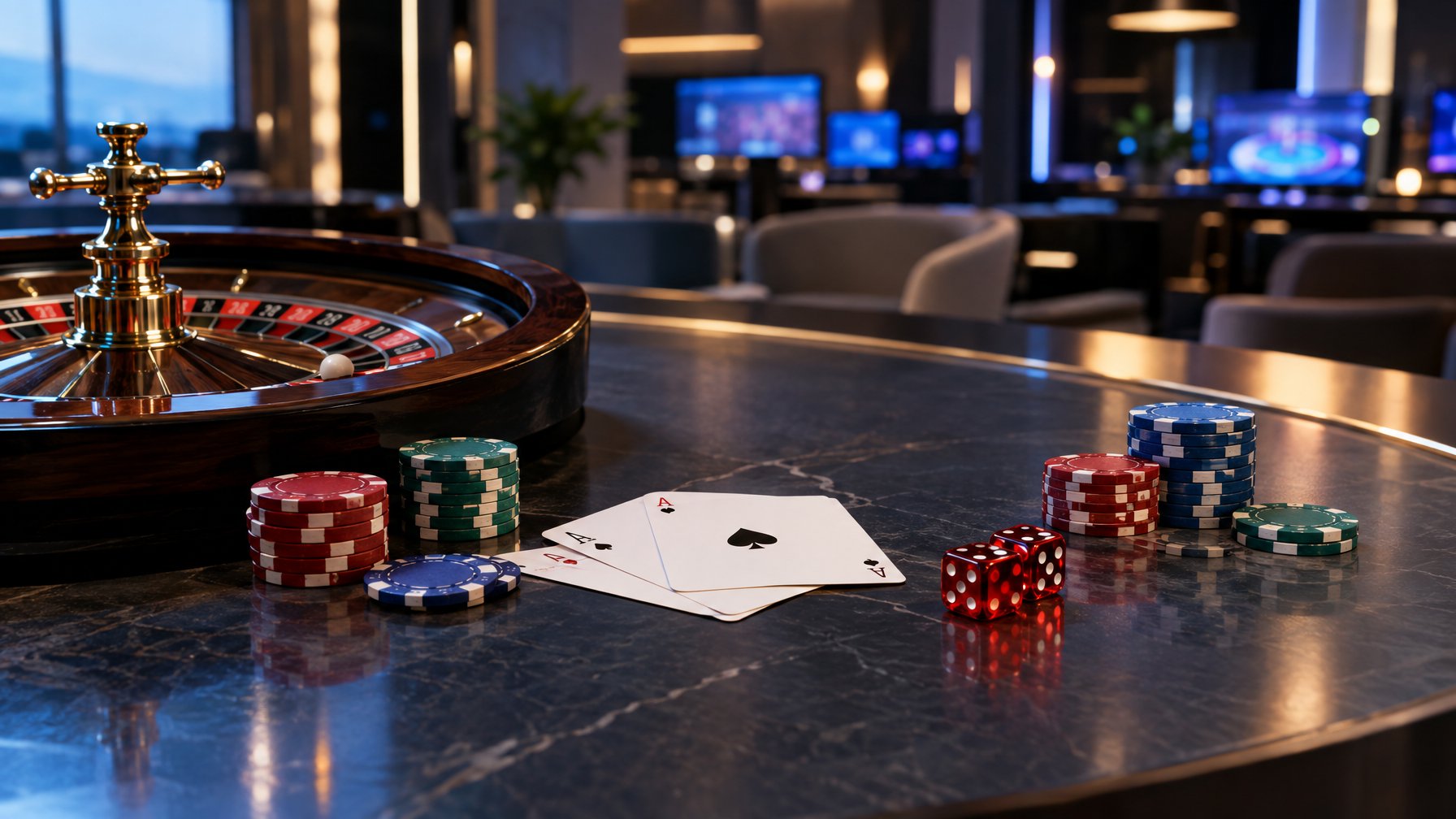 Roda roulette, kartu remi, keping poker, dan dadu tersusun di atas meja kasino.