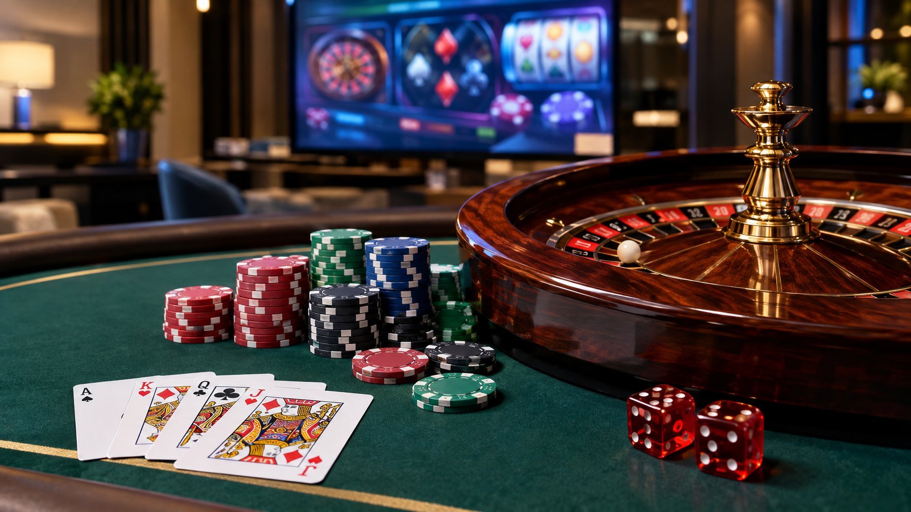 Meja kasino dengan roda roulette, kartu, keping taruhan, dan dadu.
