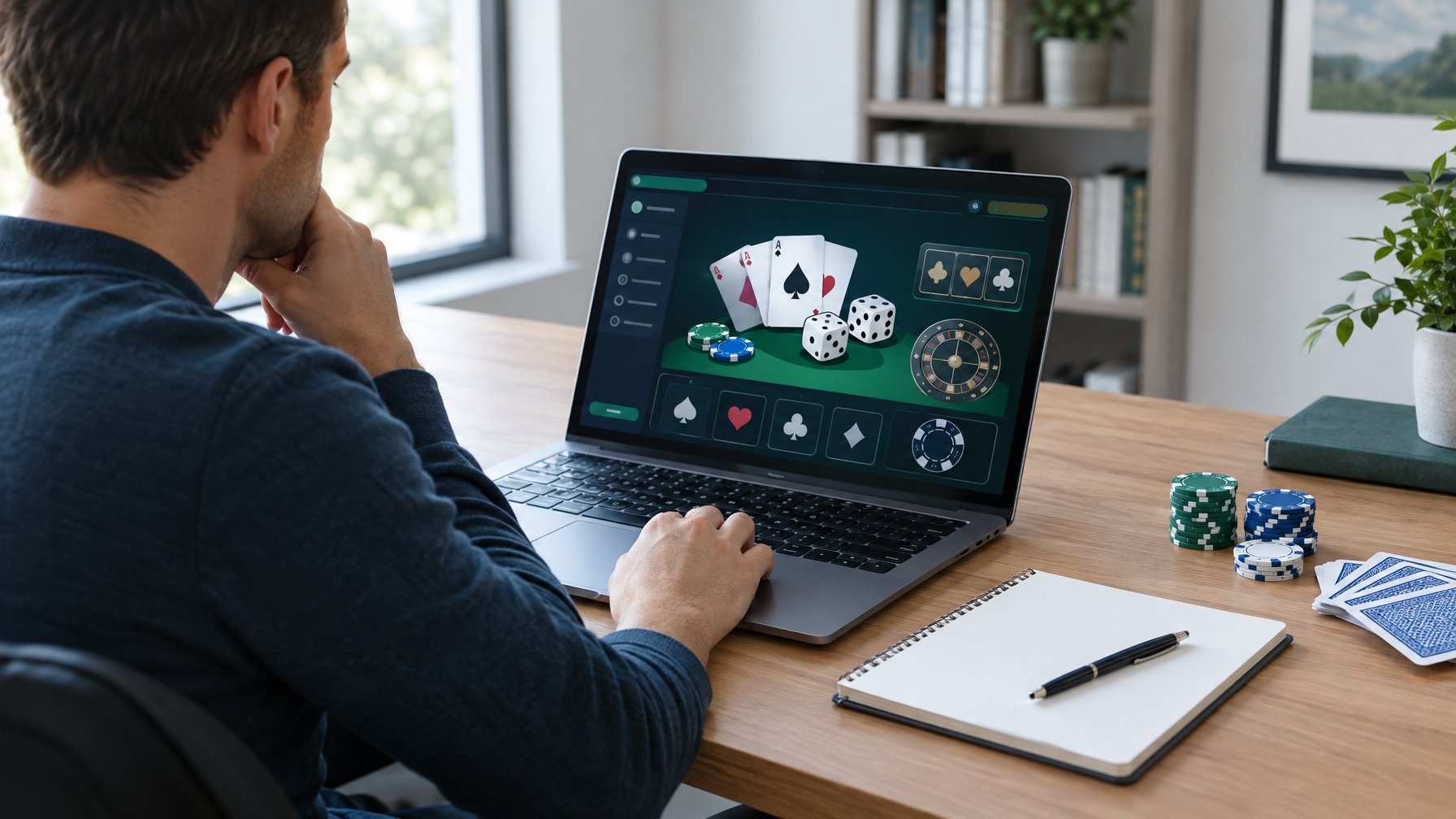 Seseorang mempelajari permainan kartu dan chip di depan laptop.
