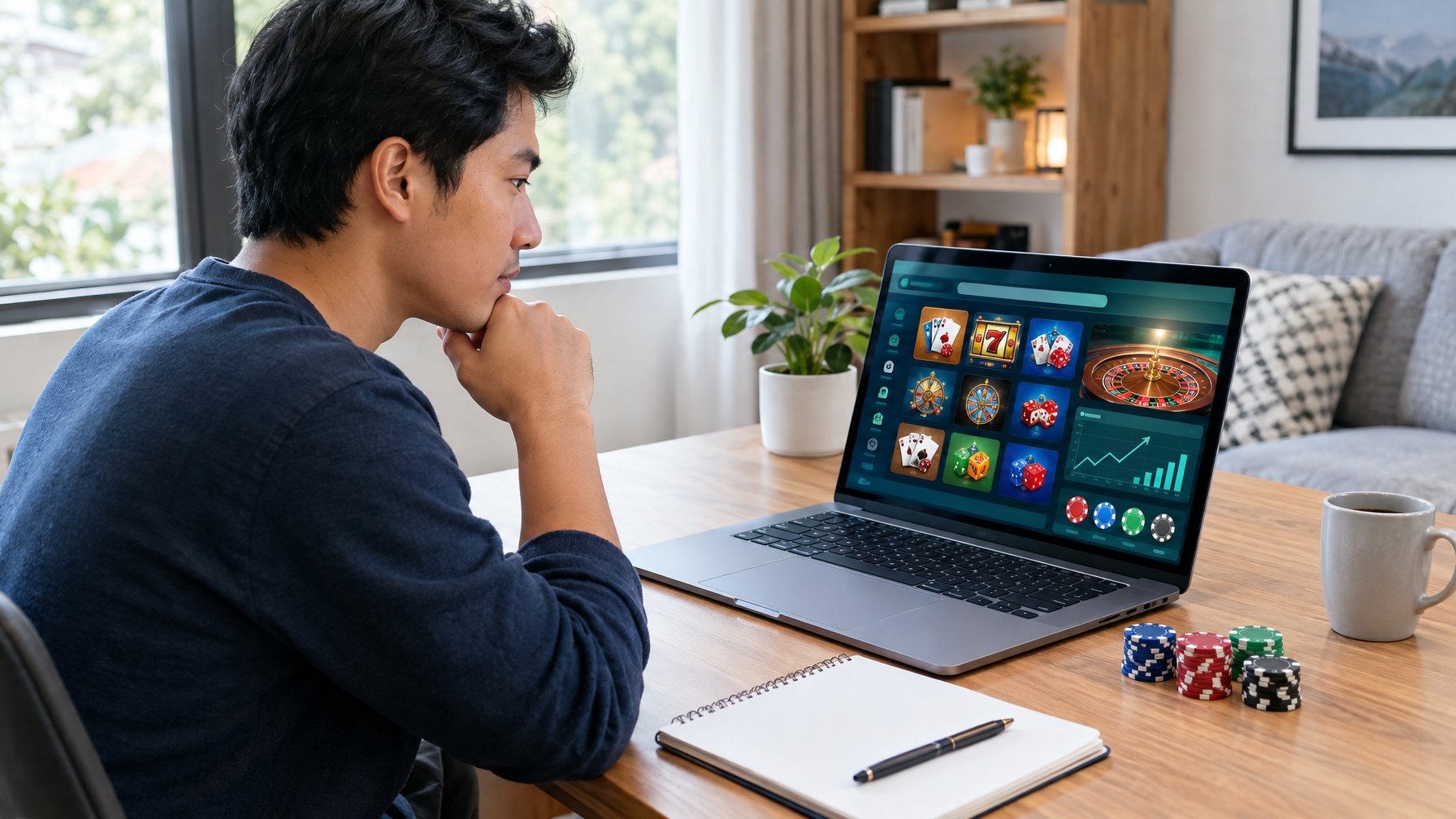 Seseorang dewasa mempelajari tampilan kasino daring di laptop dengan keping taruhan dan buku catatan di meja.
