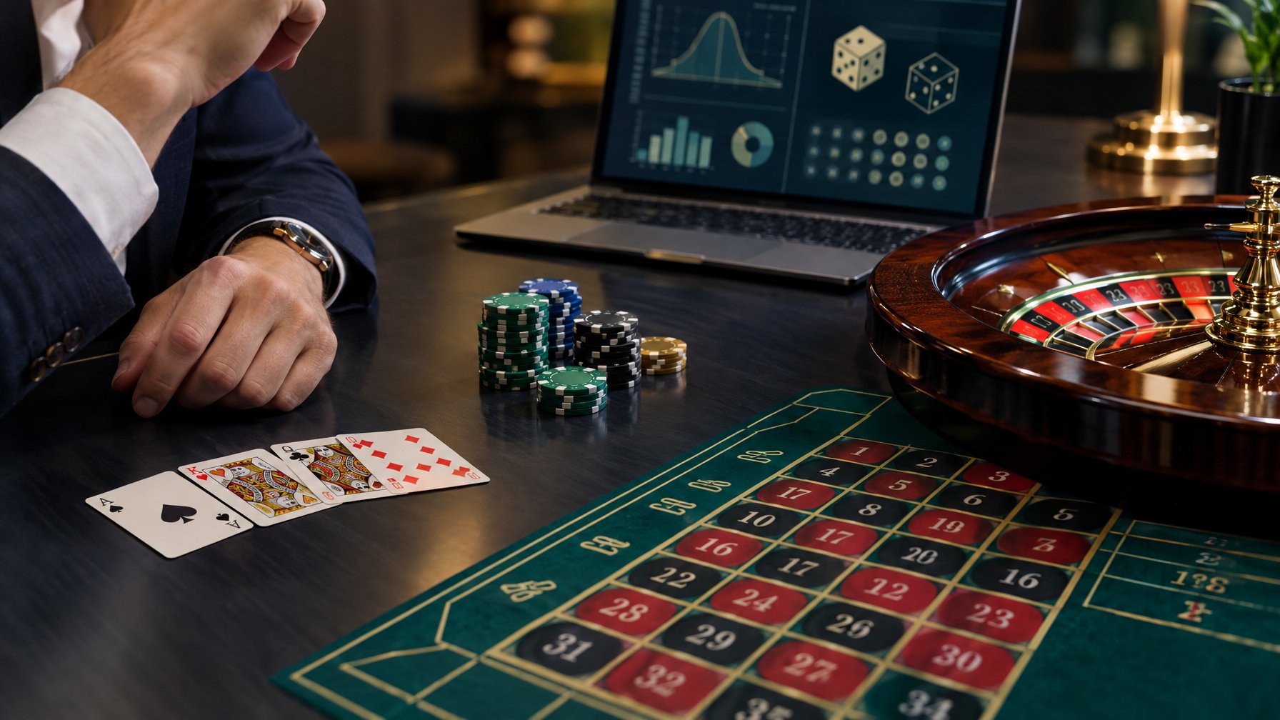 Seseorang mengamati kartu, keping kasino, dan tata letak roulette di meja.