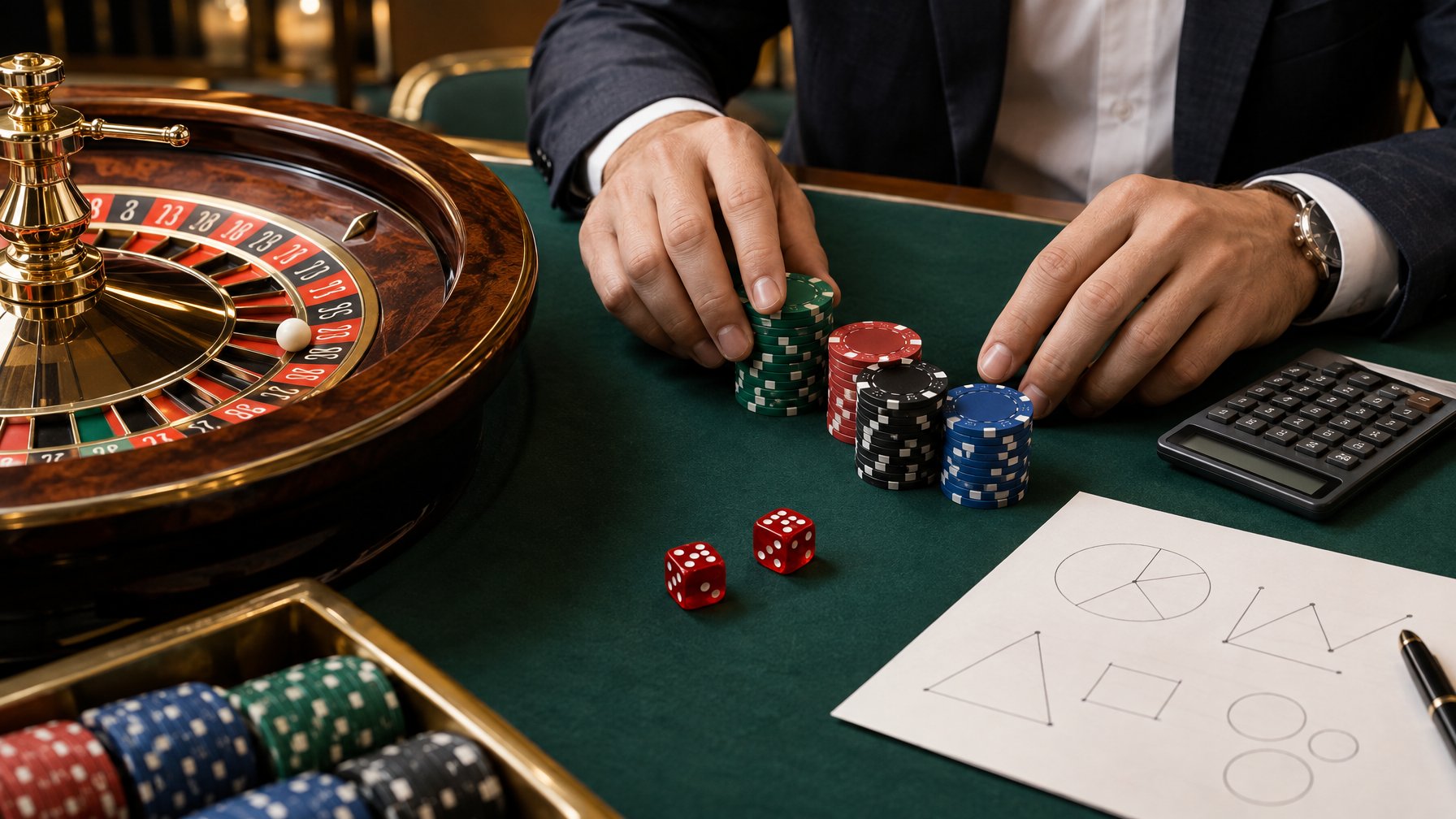 Tangan menyusun keping taruhan di dekat roda roulette, dadu, dan kalkulator.