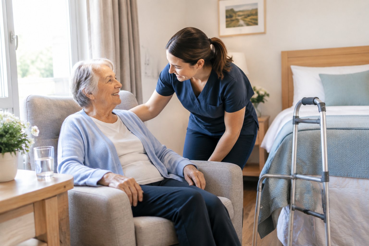 Eine Pflegekraft unterstützt eine ältere Person in einem hellen Pflegezimmer.