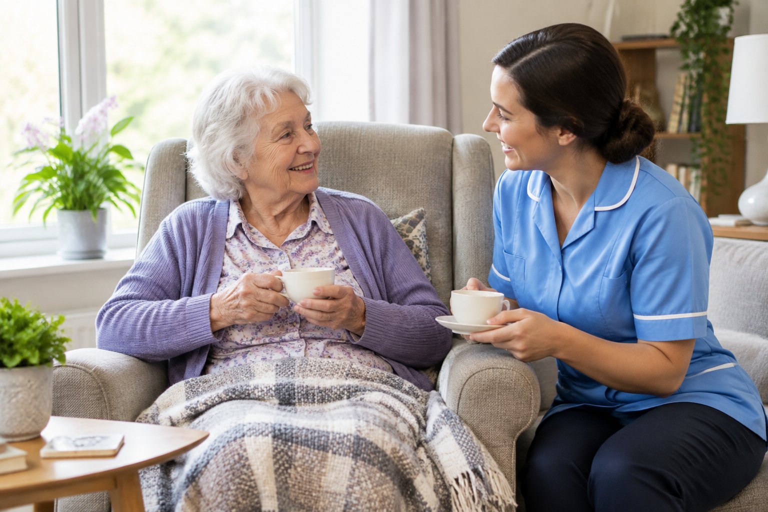 Eine Betreuungskraft sitzt neben einer älteren Frau in deren Wohnzimmer und reicht ihr eine Tasse Tee.