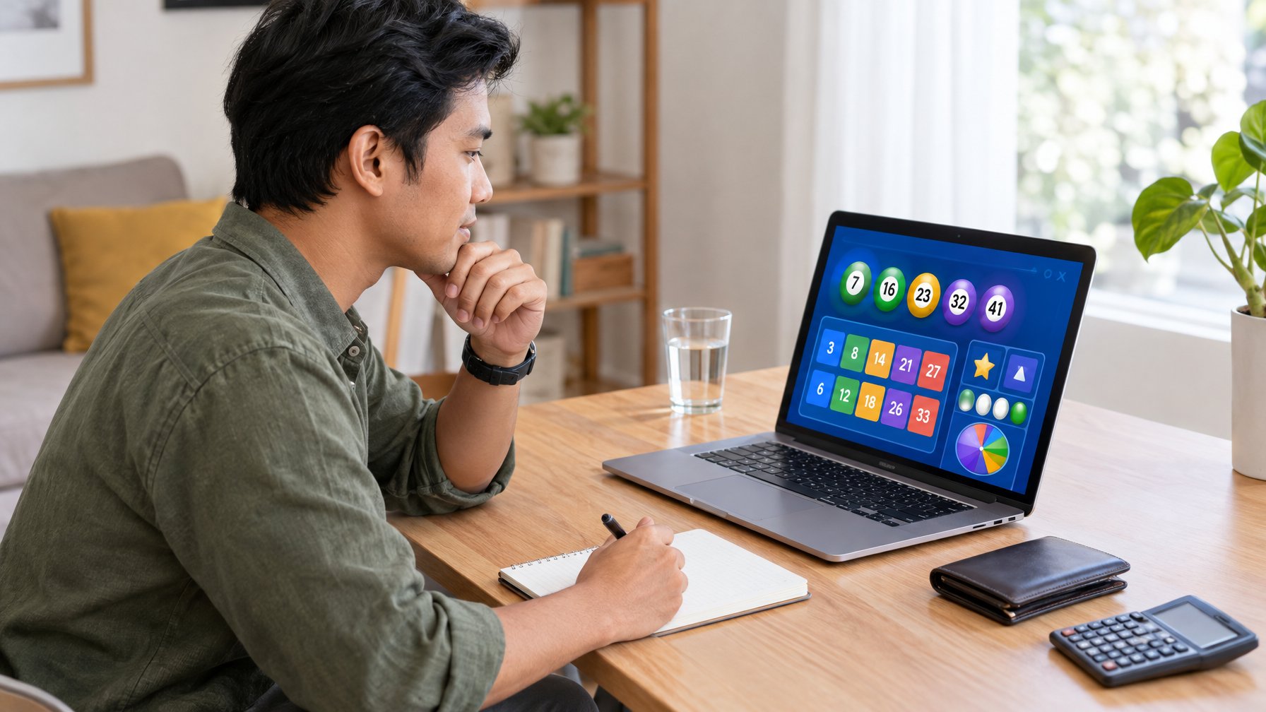 Seorang dewasa menggunakan laptop di meja sambil mencatat anggaran hiburan.