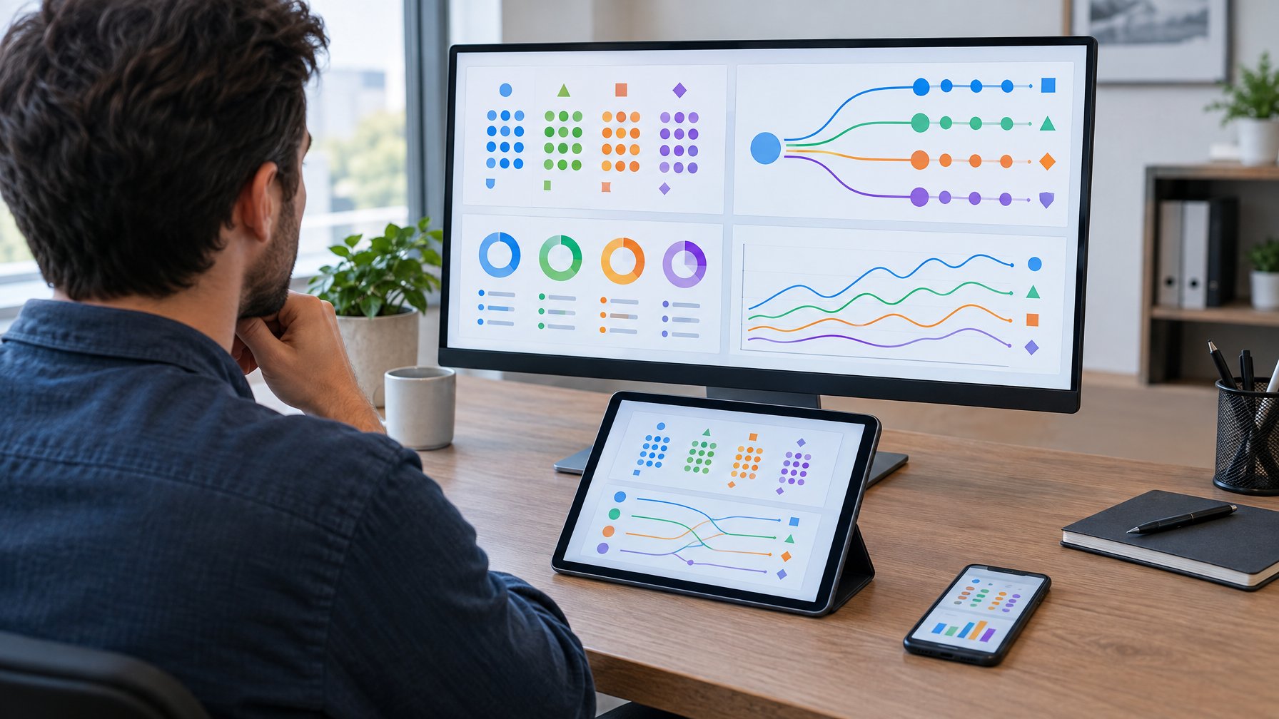 Seseorang membandingkan beberapa grafik pada layar komputer di meja kerja.