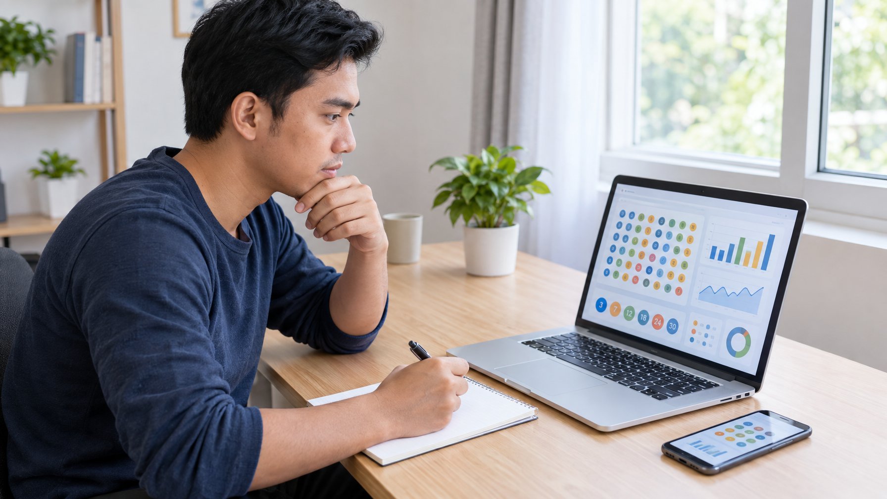 Seseorang mempelajari tampilan angka dan grafik abstrak di laptop sambil mencatat di meja.