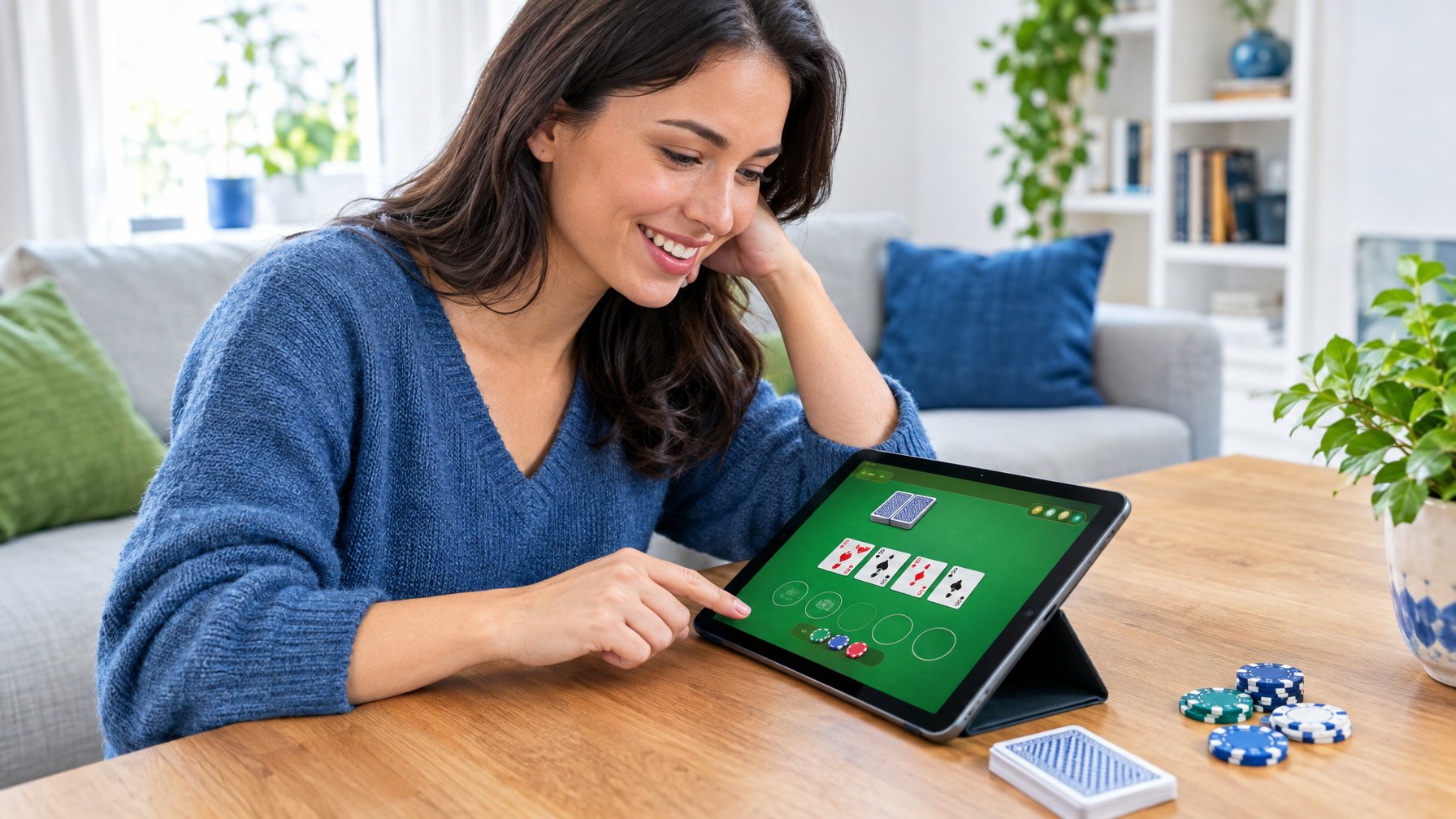 Seorang pemula memainkan permainan kartu virtual di tablet dengan kartu dan keping permainan di meja.