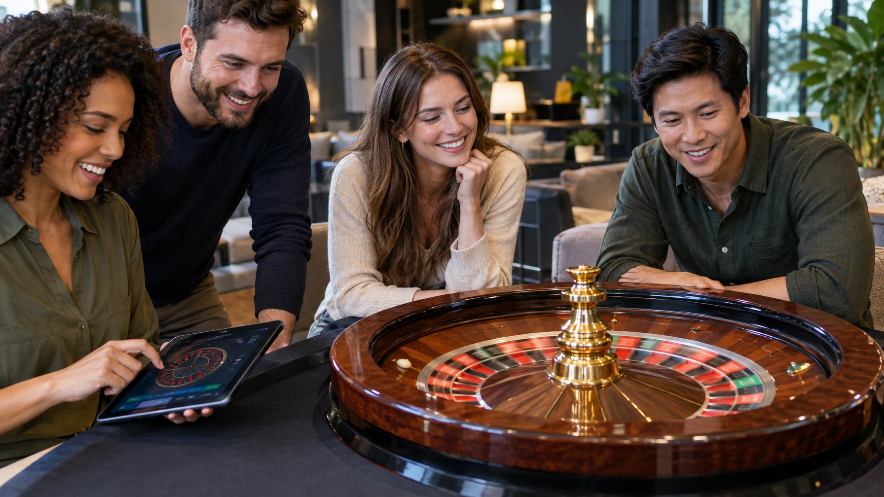 Beberapa orang menikmati simulasi roda roulette bersama.