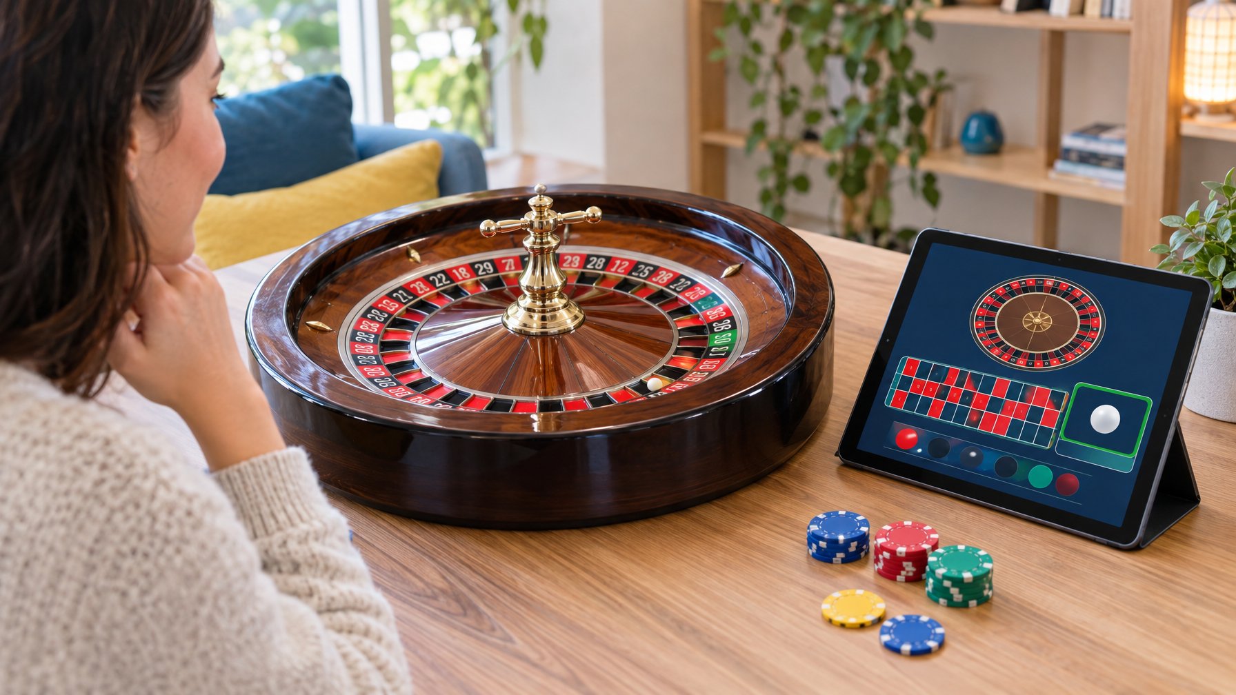Seseorang mengamati roda roulette dan simulasi permainan di tablet.