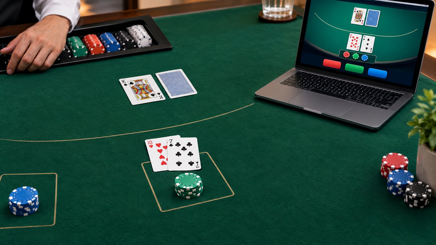 Kartu blackjack dan tumpukan keping di atas meja hijau di samping perangkat digital.