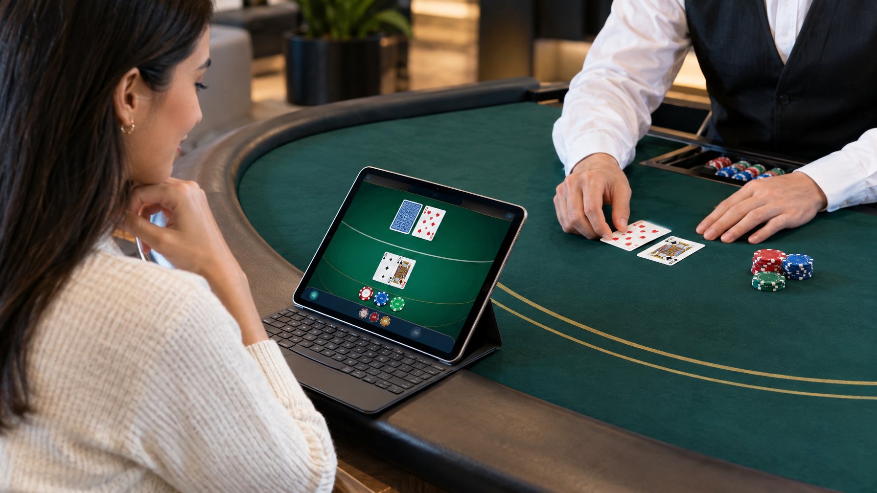 Pemain mengikuti permainan blackjack virtual di tablet di samping meja kartu.