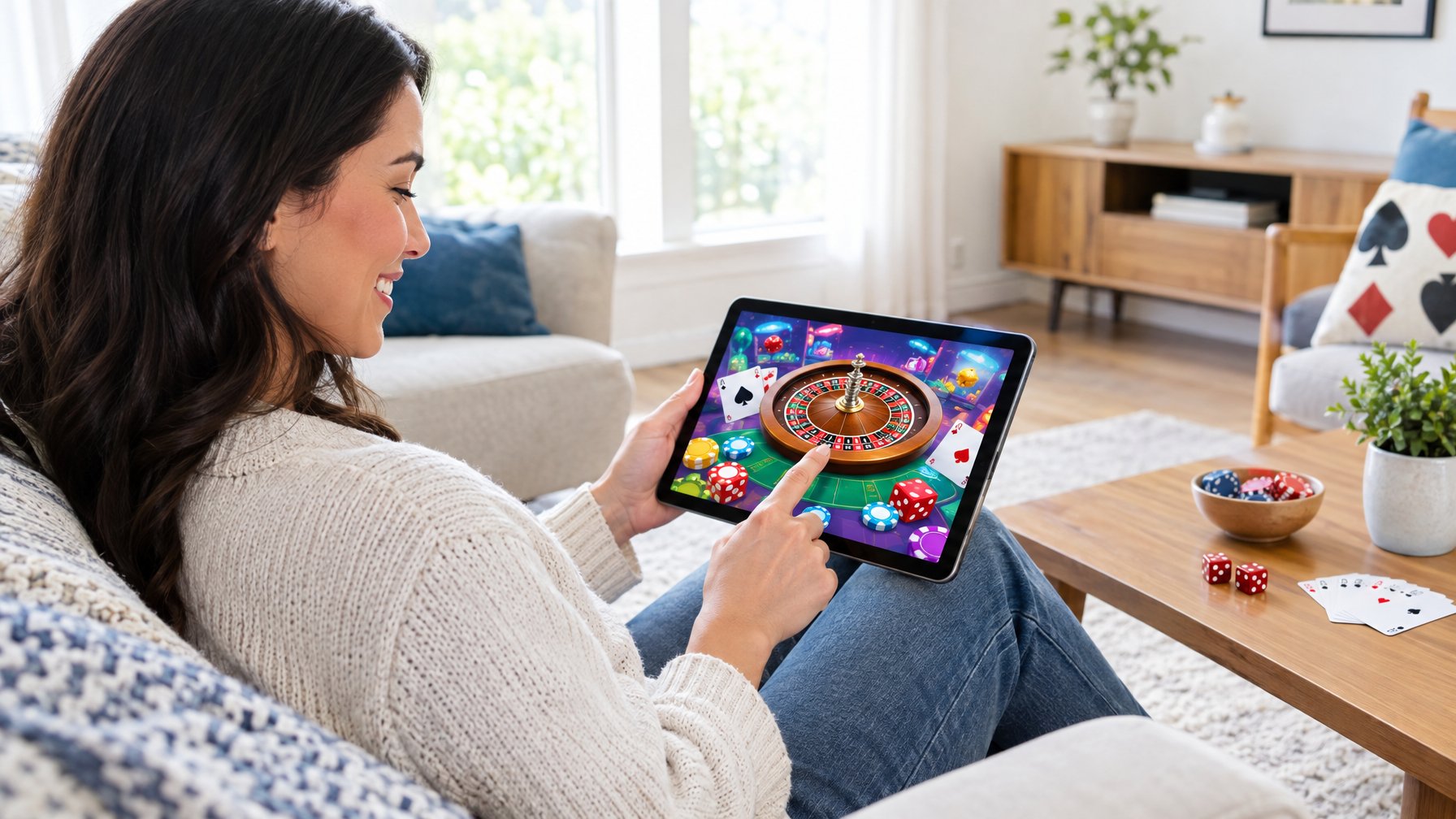 Seseorang menikmati permainan kasino virtual di tablet di ruang keluarga.