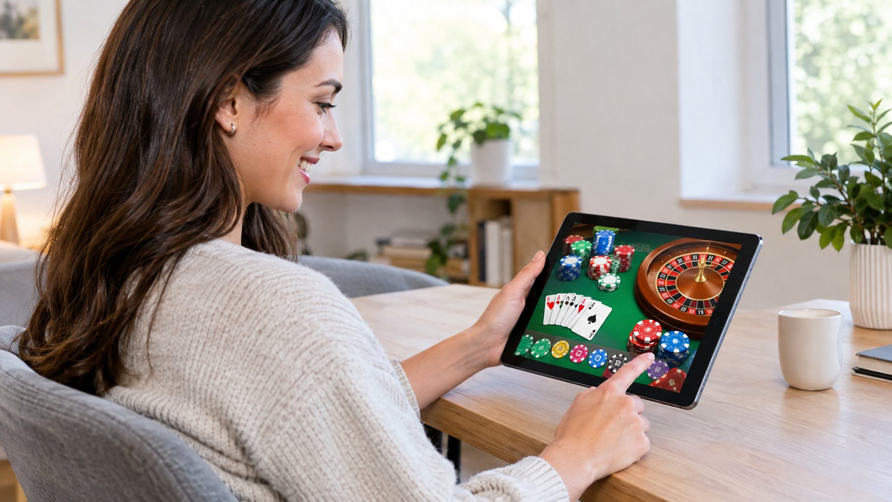 Seseorang bermain game kasino di tablet di rumah.