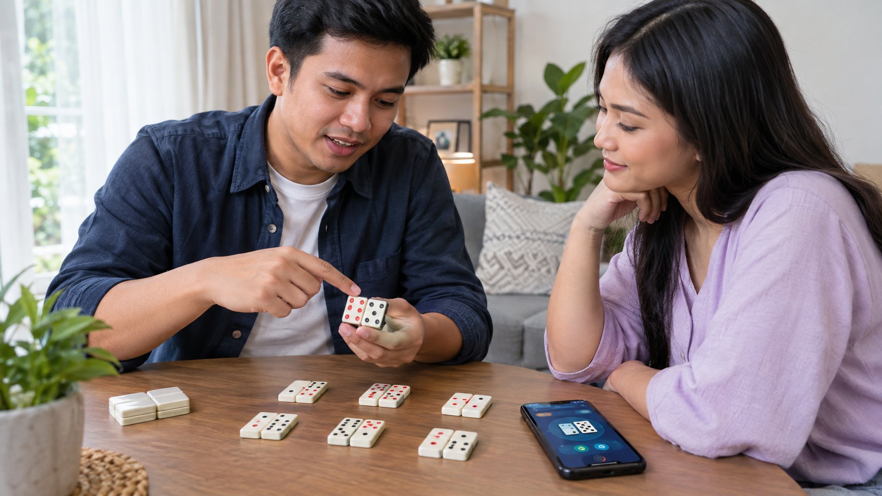 Dua orang mempelajari permainan Ceme dengan domino di atas meja dan ponsel di sampingnya.