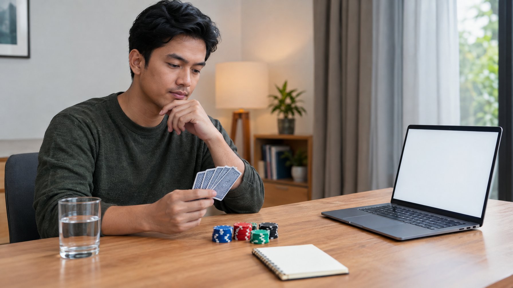 Seorang pemain mempertimbangkan kartu di meja sambil melihat laptop.