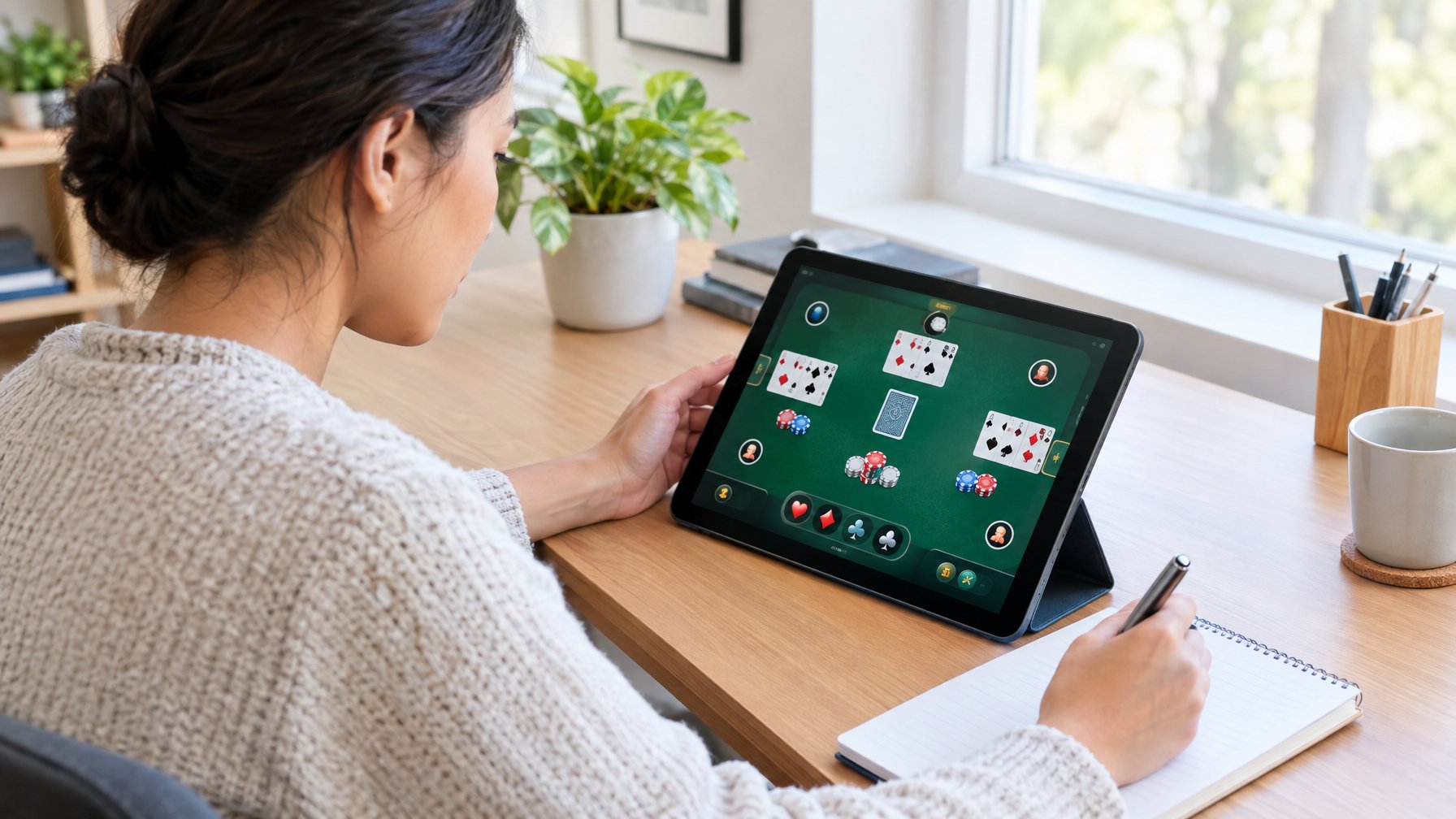 Seorang pemula mempelajari permainan Ceme melalui tablet di meja.