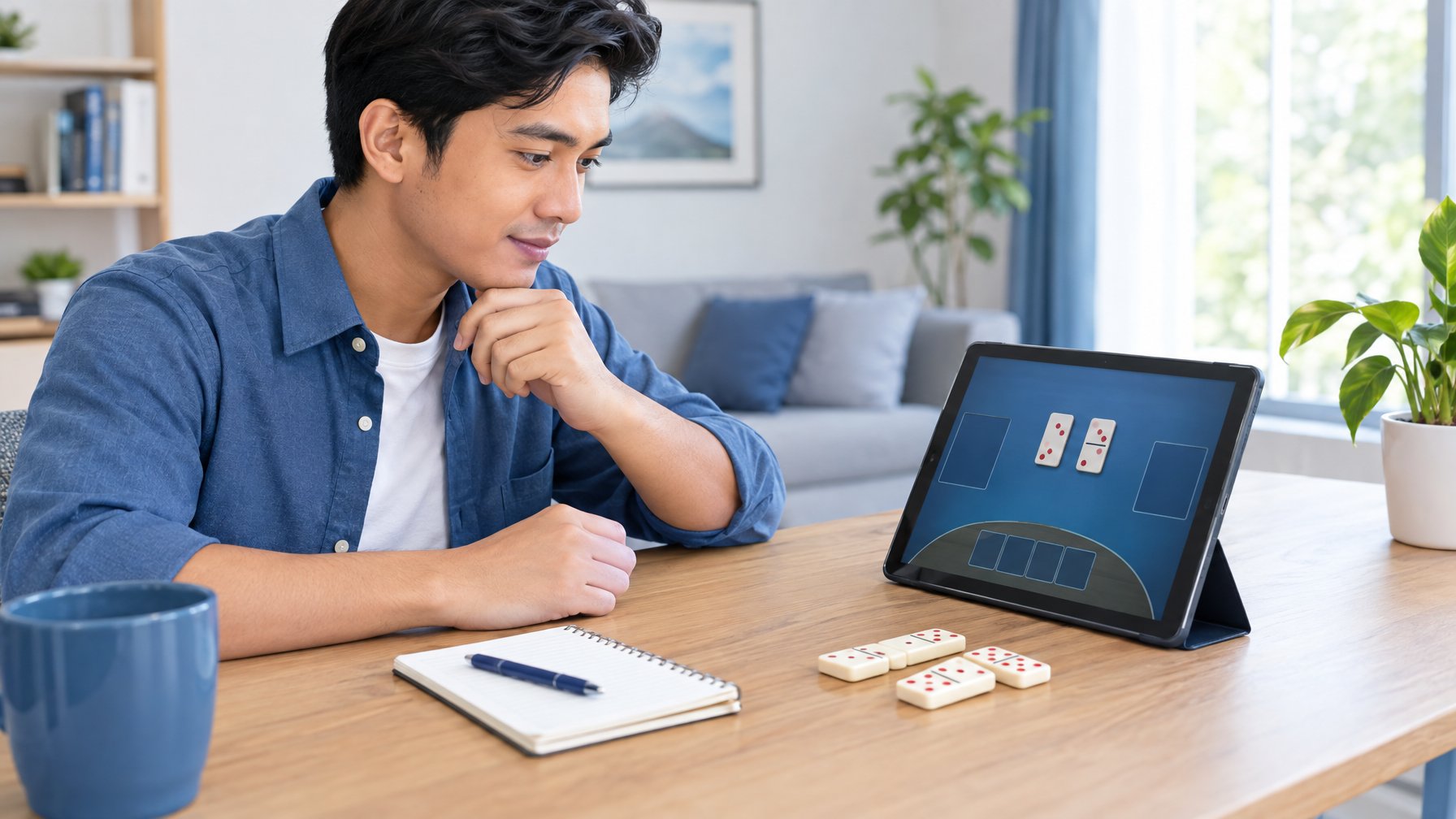 Seorang pemula mempelajari permainan Ceme melalui tablet dan beberapa keping domino di meja.