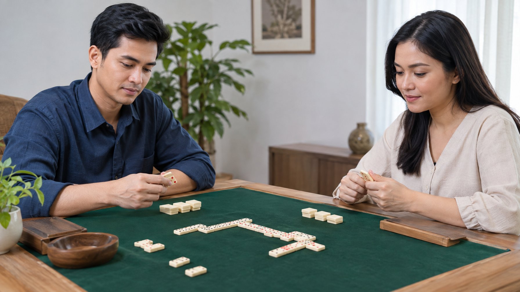 Dua orang dewasa memainkan domino ceme di atas meja.