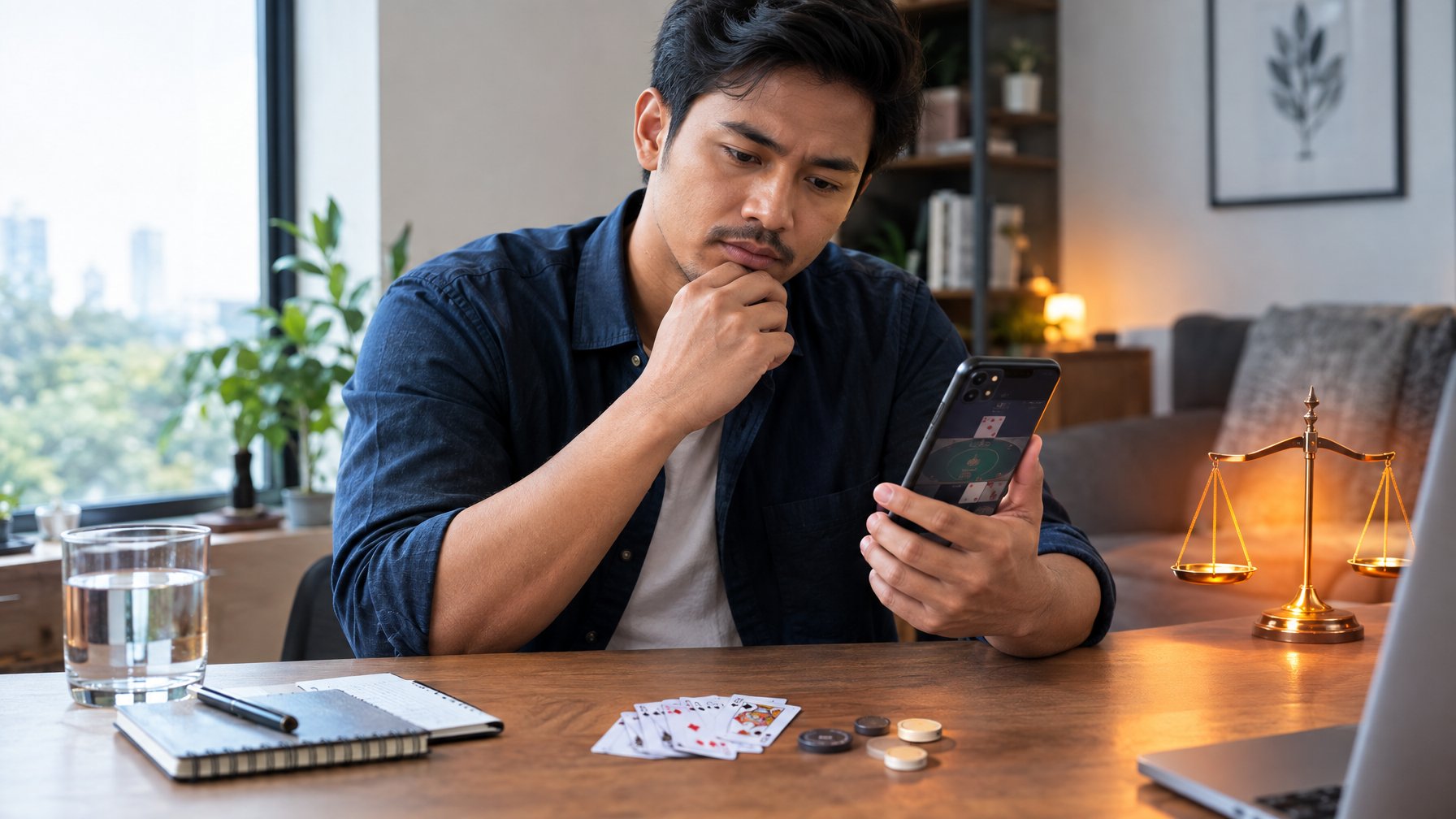 Seorang pria memeriksa permainan kartu di ponsel dengan ekspresi waspada.