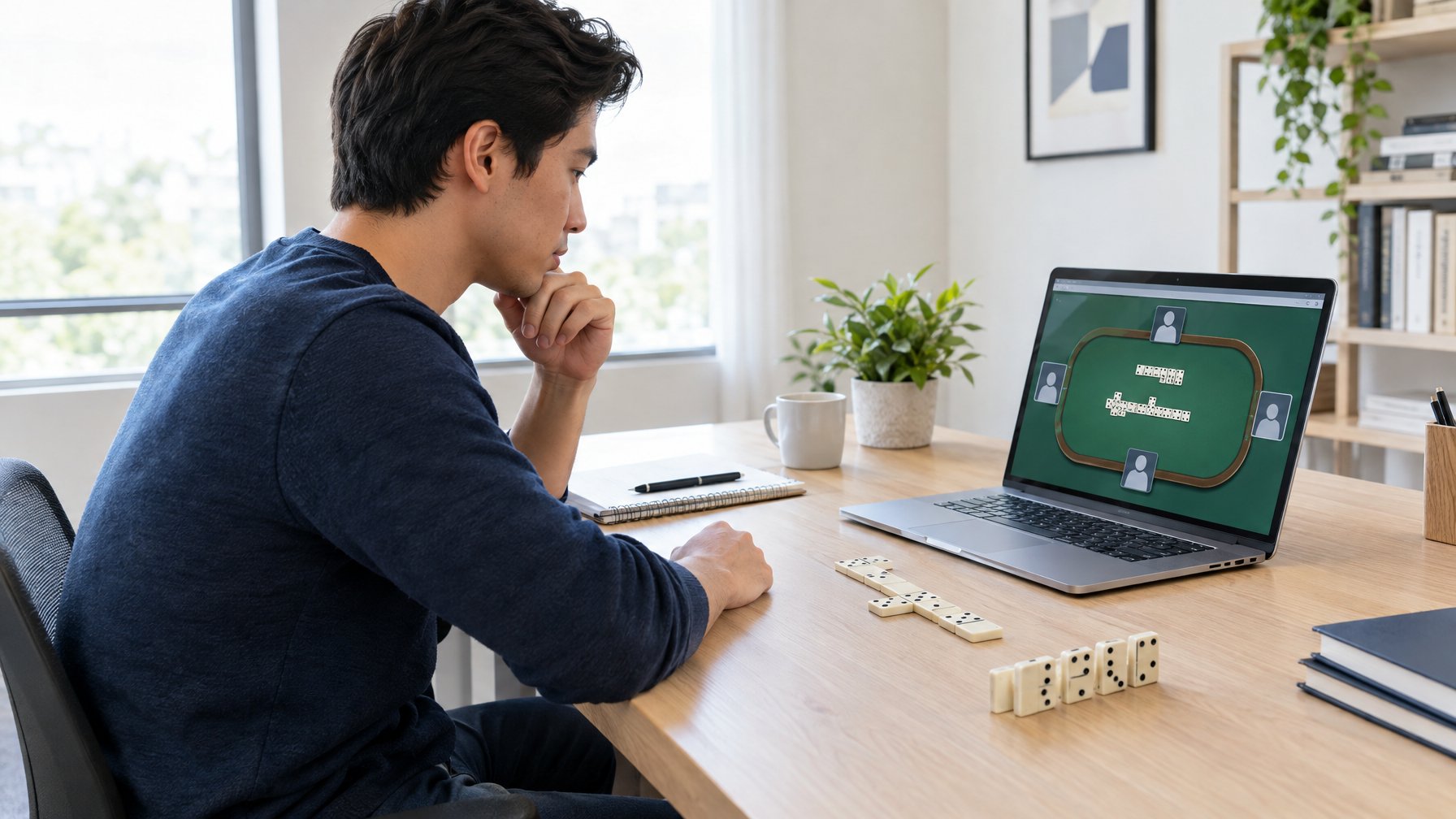 Seseorang mempelajari susunan kartu domino di samping laptop.