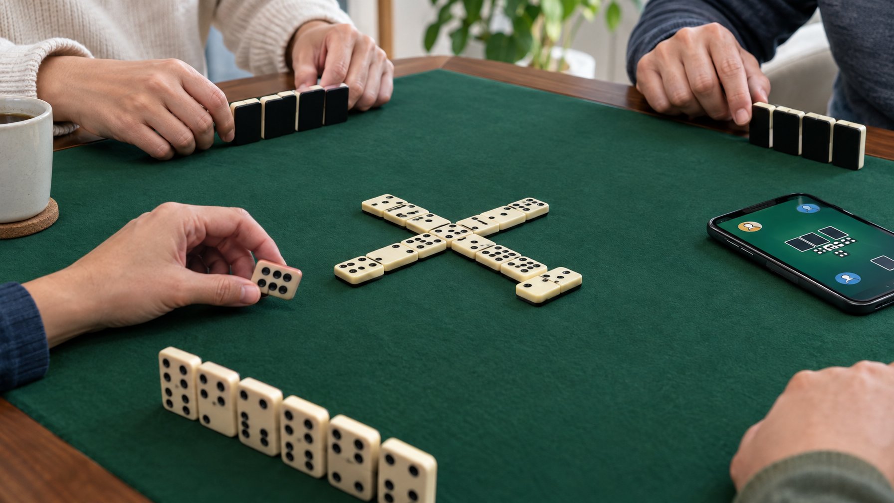 Tangan pemain menata ubin domino Ceme di atas meja hijau, dengan ponsel di tepinya.