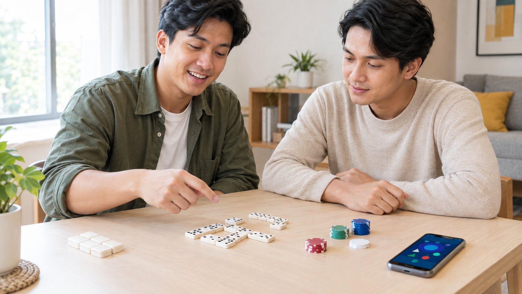 Dua orang dewasa mempelajari permainan domino Ceme bersama di meja.