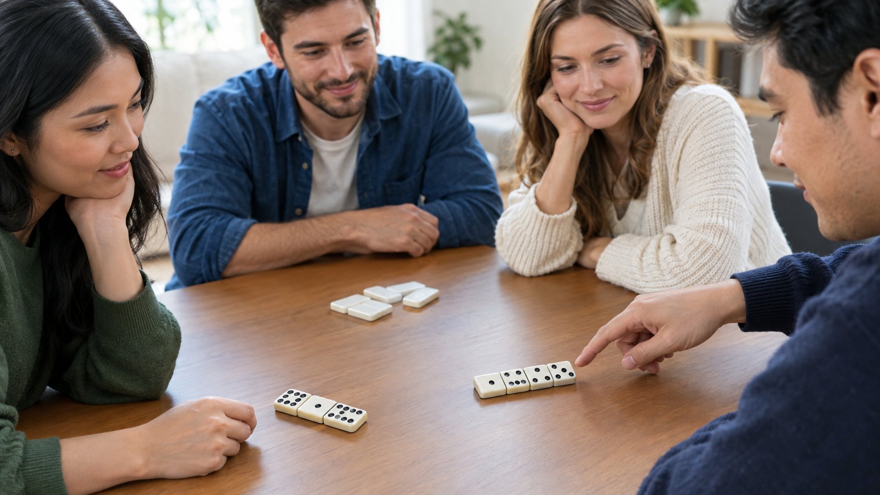 Beberapa orang dewasa mempelajari permainan domino di sekitar meja.