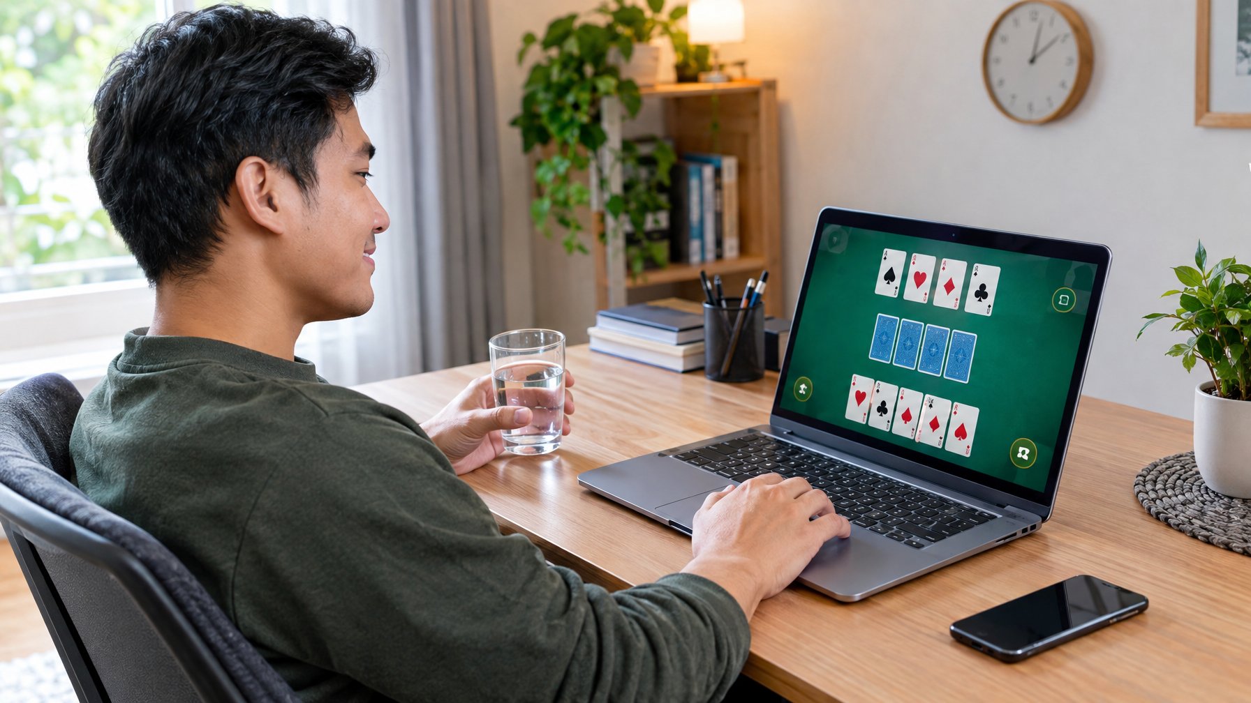 Seorang dewasa bermain kartu digital di laptop dengan tenang di rumah.