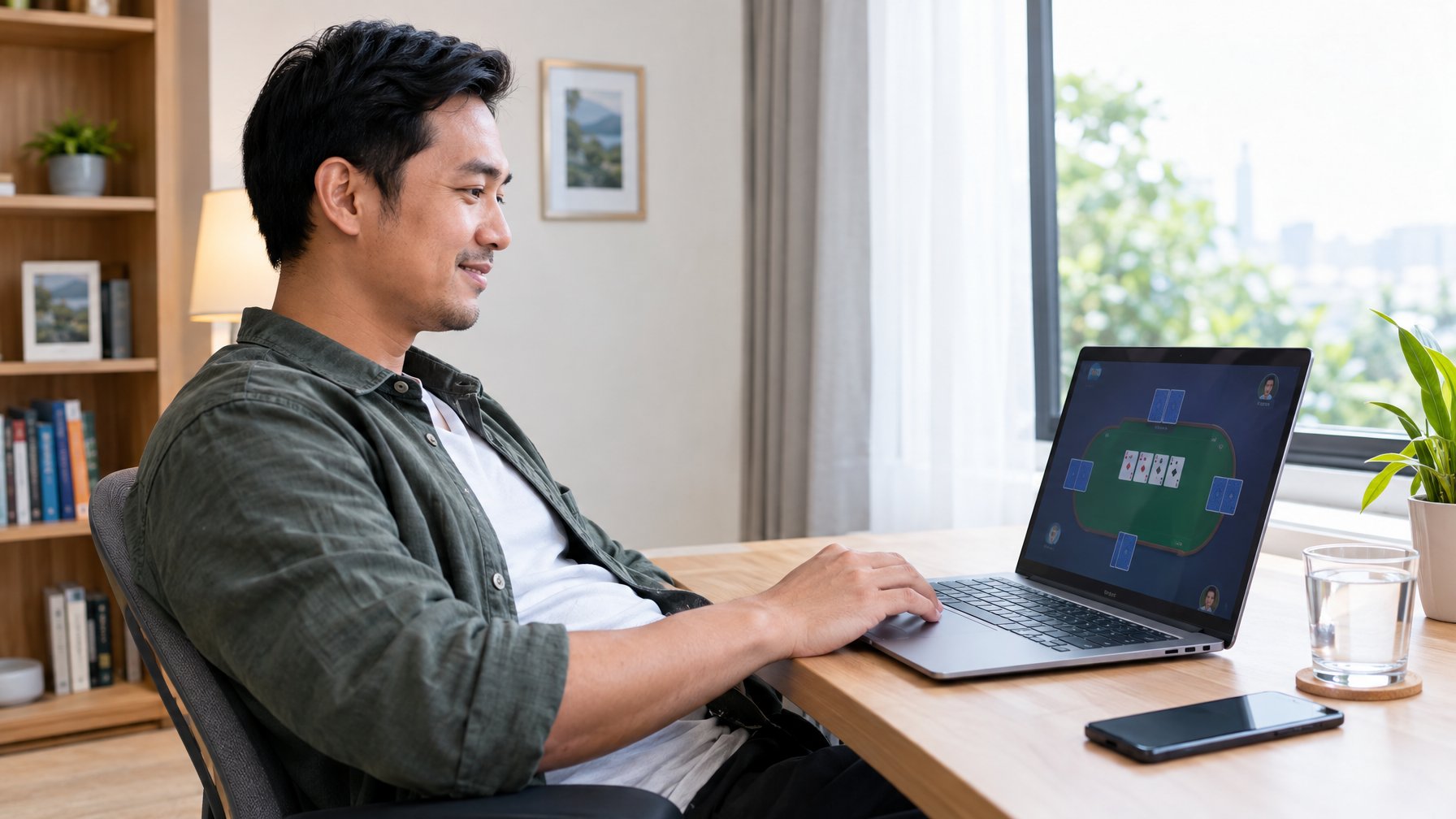 Seorang dewasa menggunakan laptop di meja rumah untuk bermain kartu secara daring.