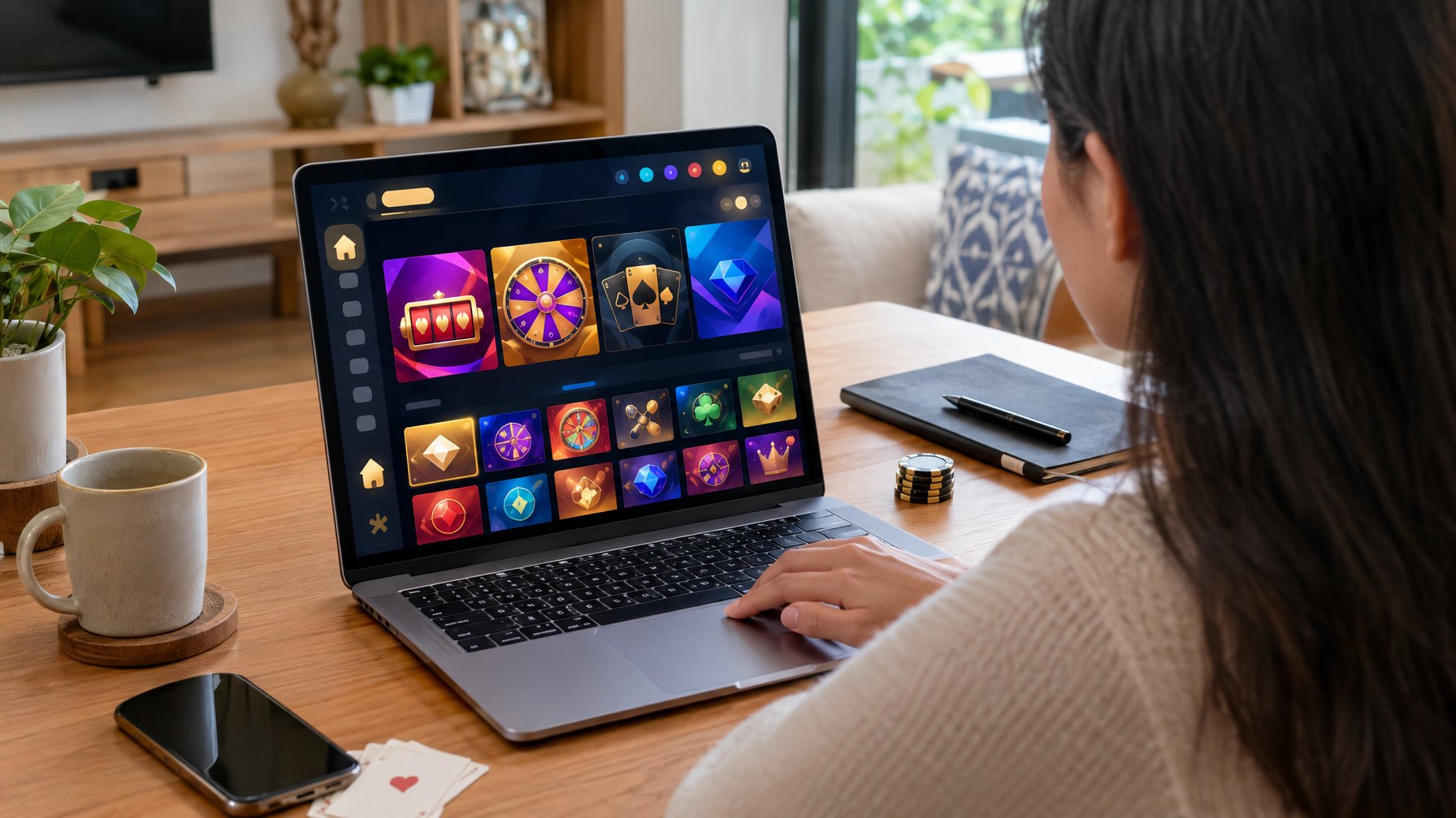 Seseorang menjelajahi permainan kasino digital di laptop.