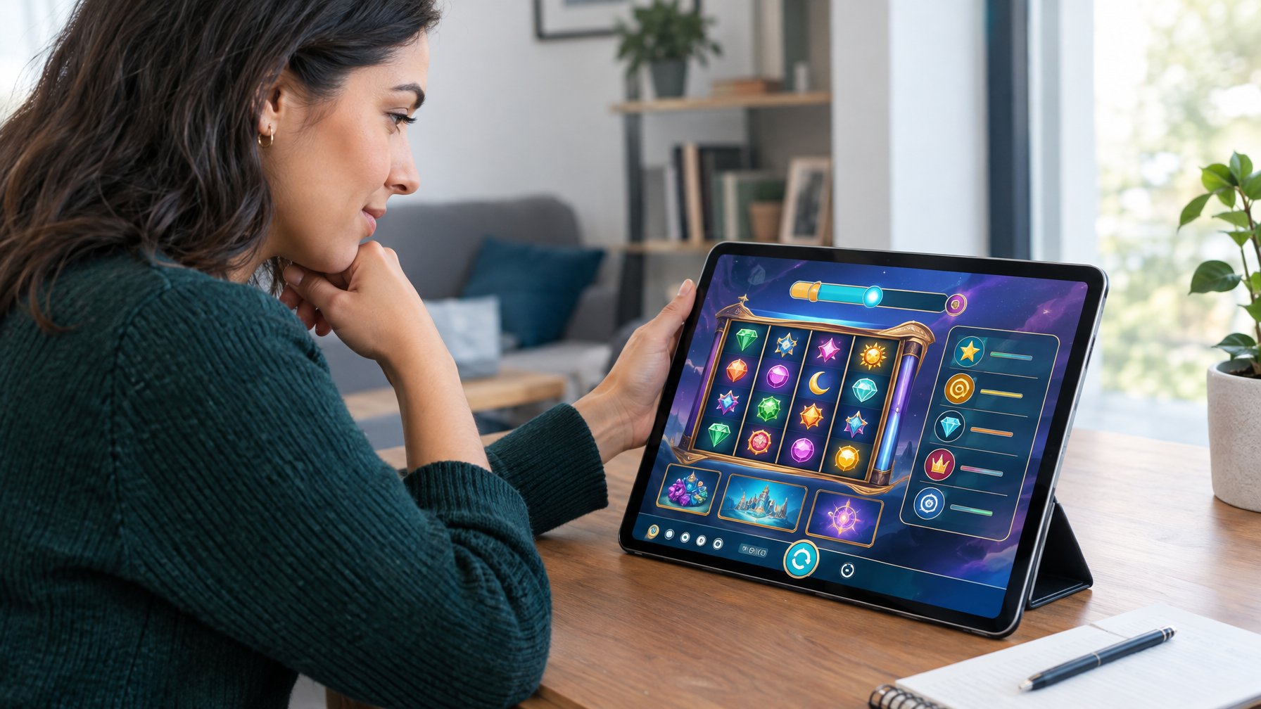 Seseorang mempelajari fitur permainan kasino pada tablet.