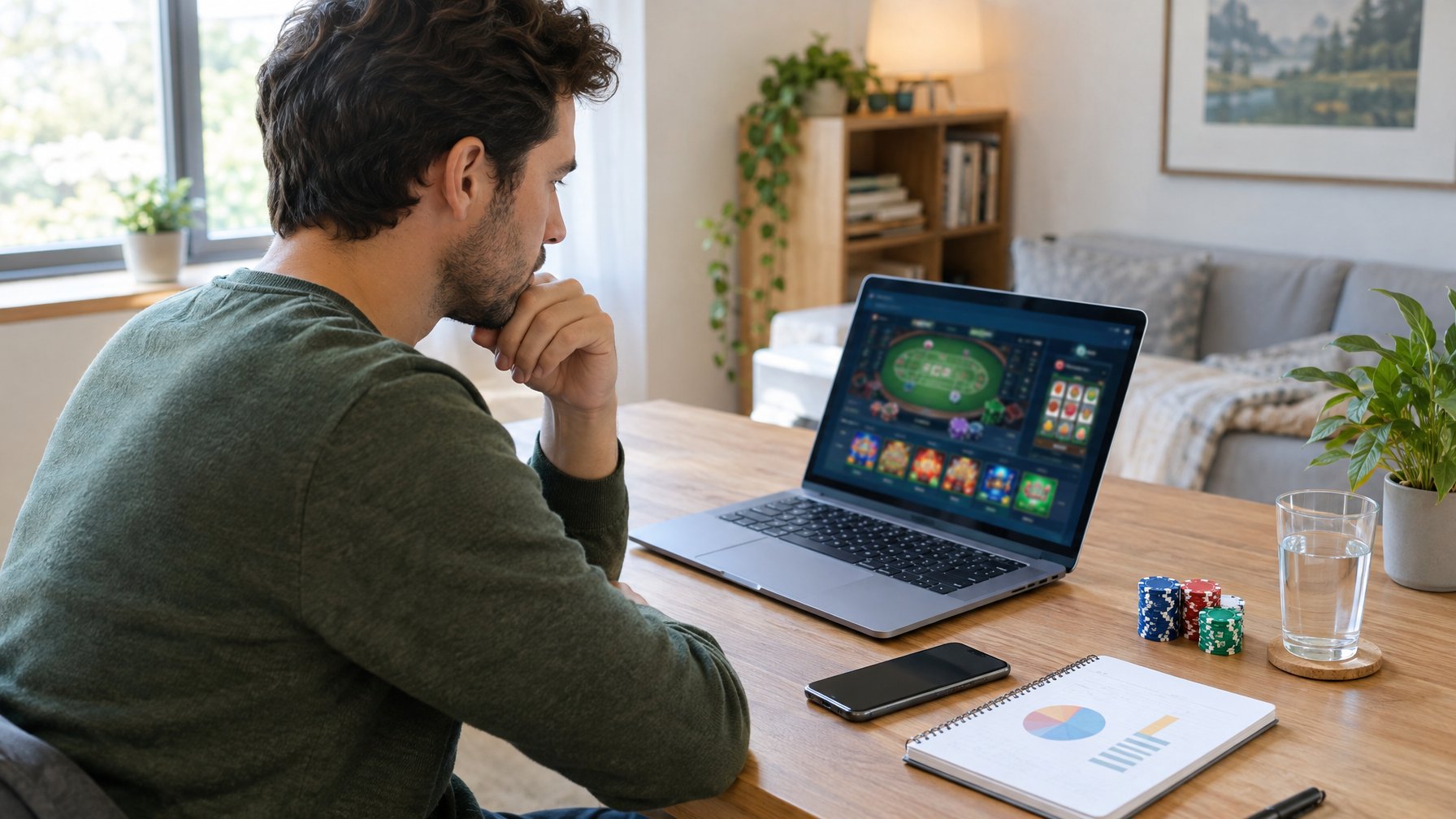 Seorang dewasa meninjau permainan kasino online di laptop sambil memeriksa anggaran di meja.