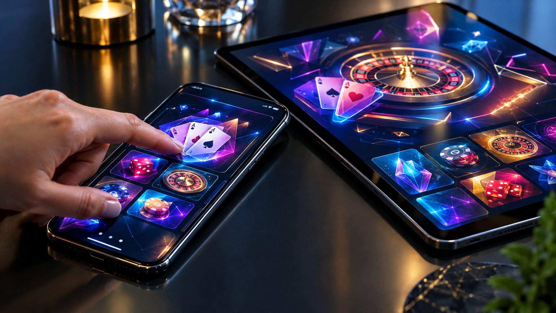 Seseorang menggunakan ponsel dan tablet yang menampilkan permainan kasino digital.