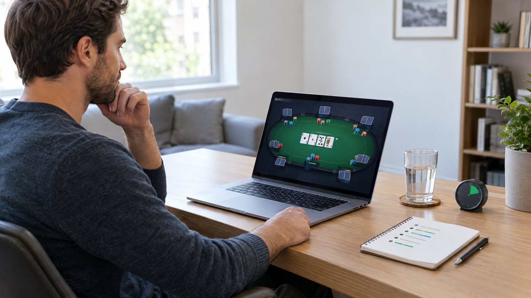 Seseorang bermain poker daring dengan tenang di depan laptop di meja yang tertata rapi.
