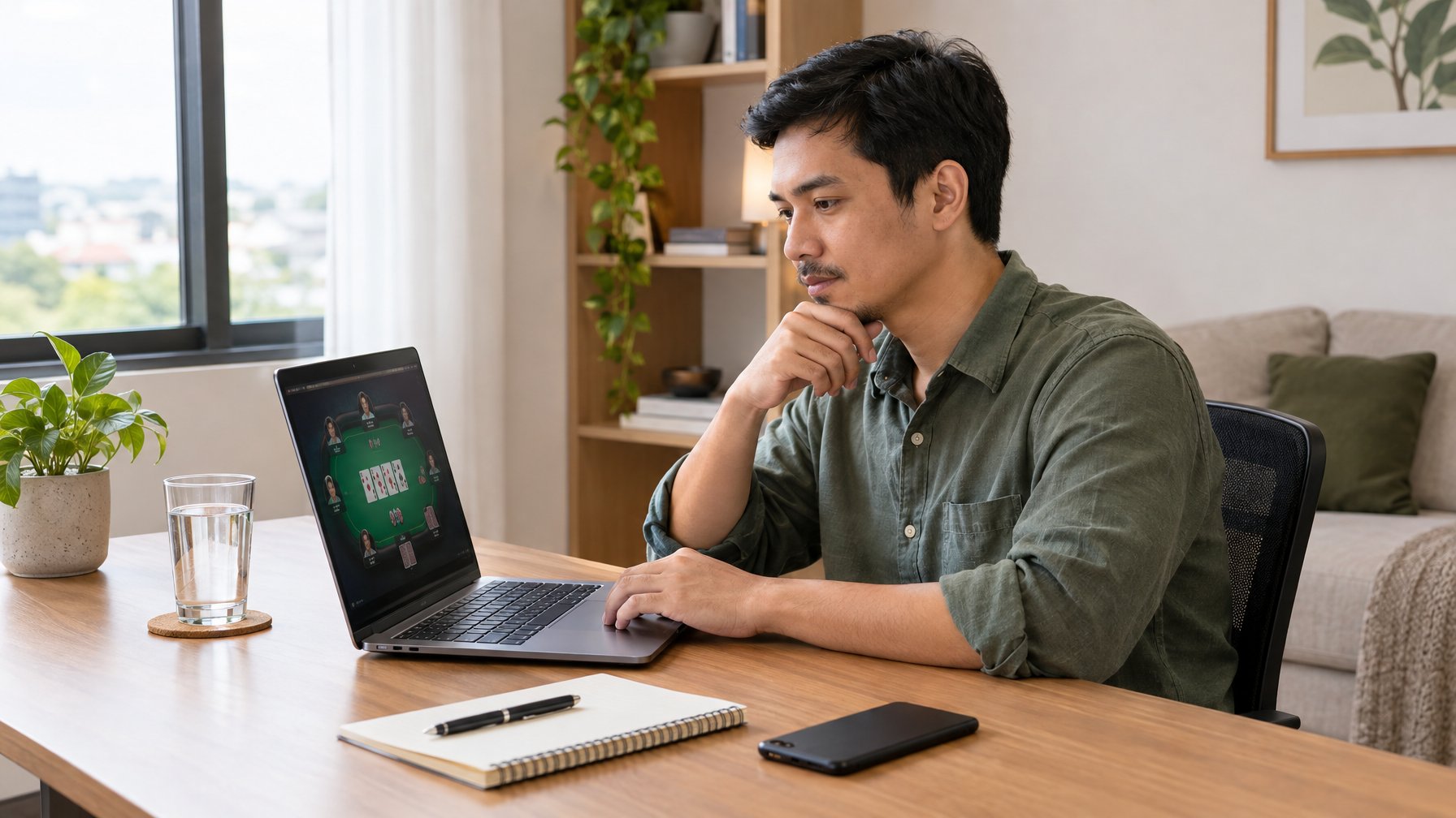 Seorang pria dewasa meninjau permainan poker di laptop dari meja rumah yang tertata rapi.