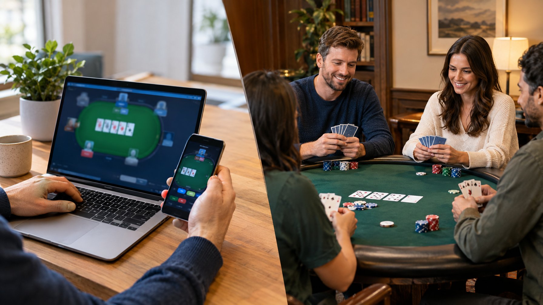 Seseorang bermain poker melalui laptop sementara beberapa orang bermain kartu bersama di meja.