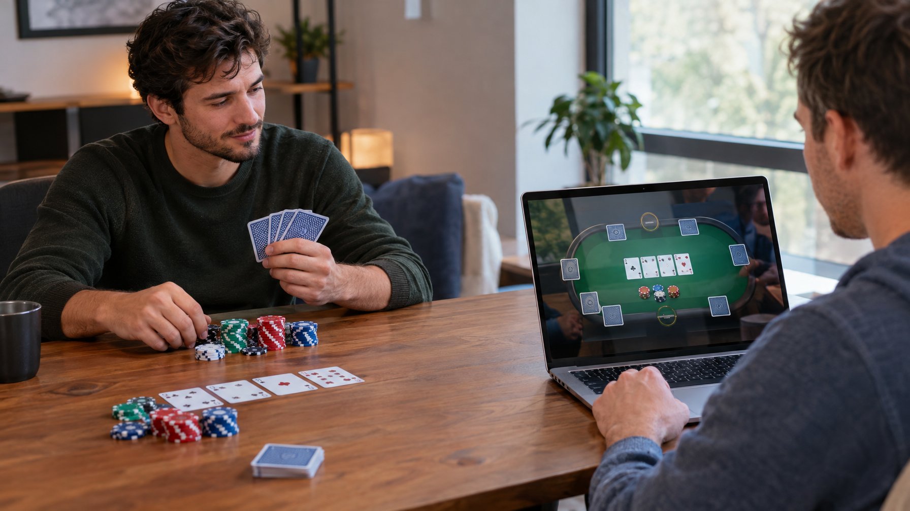 Dua orang bermain poker, satu di meja dengan kartu dan keping, sementara yang lain melihat permainan di laptop.